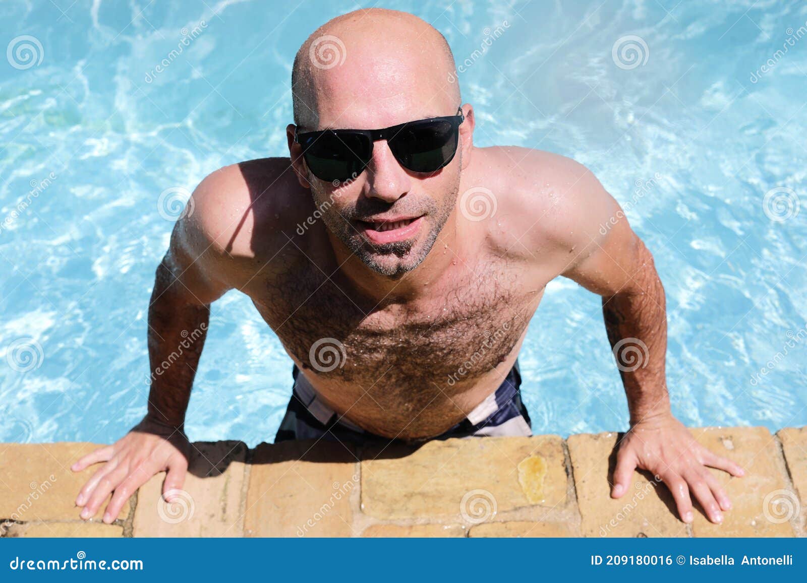 Handsome Guy Half Naked Cheerful Man Smiling Laughing In Blue Water