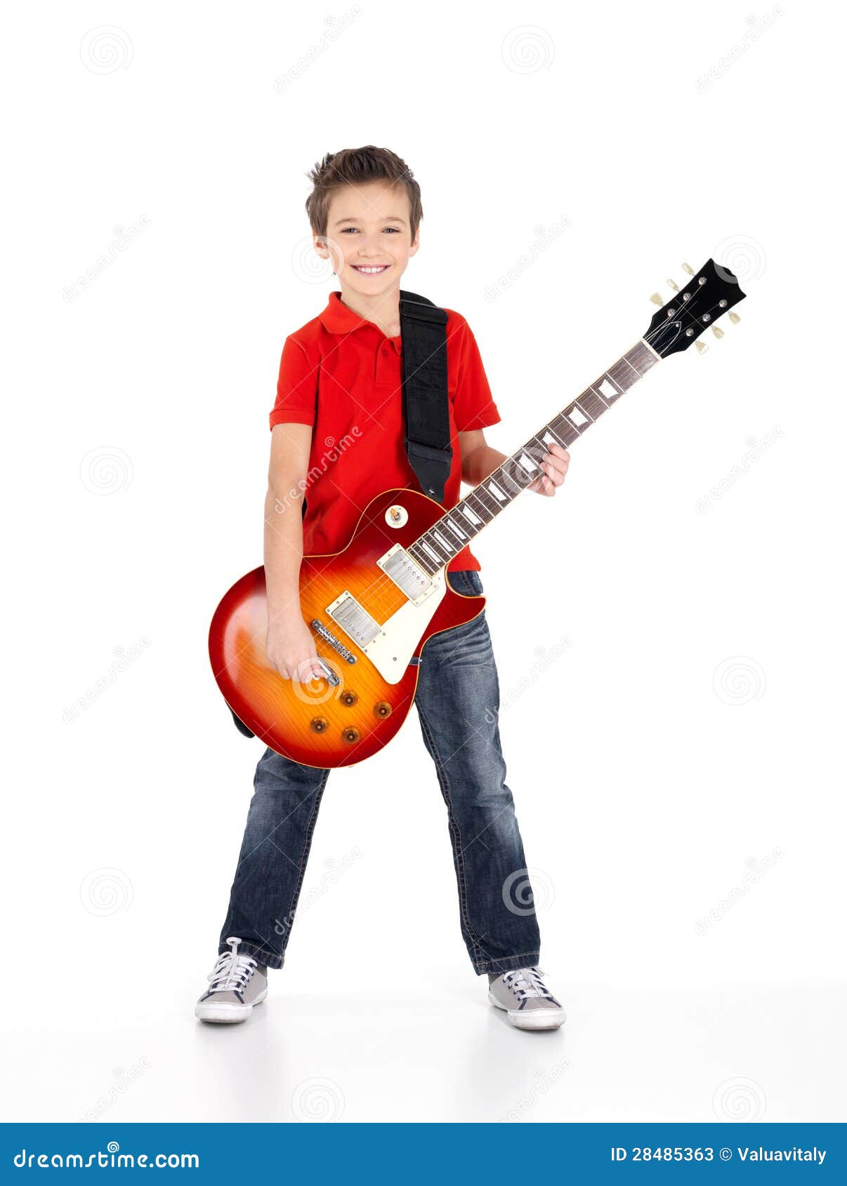 Portrait of young boy with a electric guitar - isolated on white 