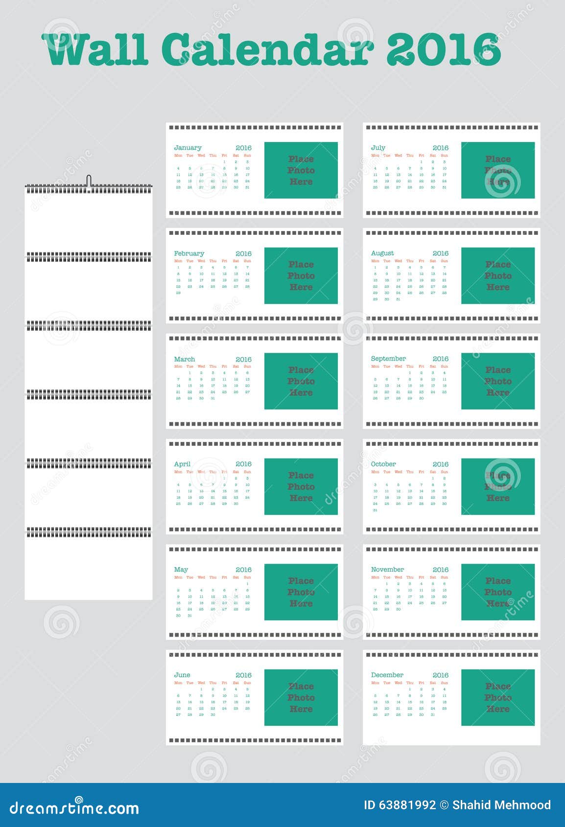 Calendar Poster 2016 : Poster calendar for week starts monday stock vector Calendar Poster 2016 : Poster calendar for week starts monday stock vector