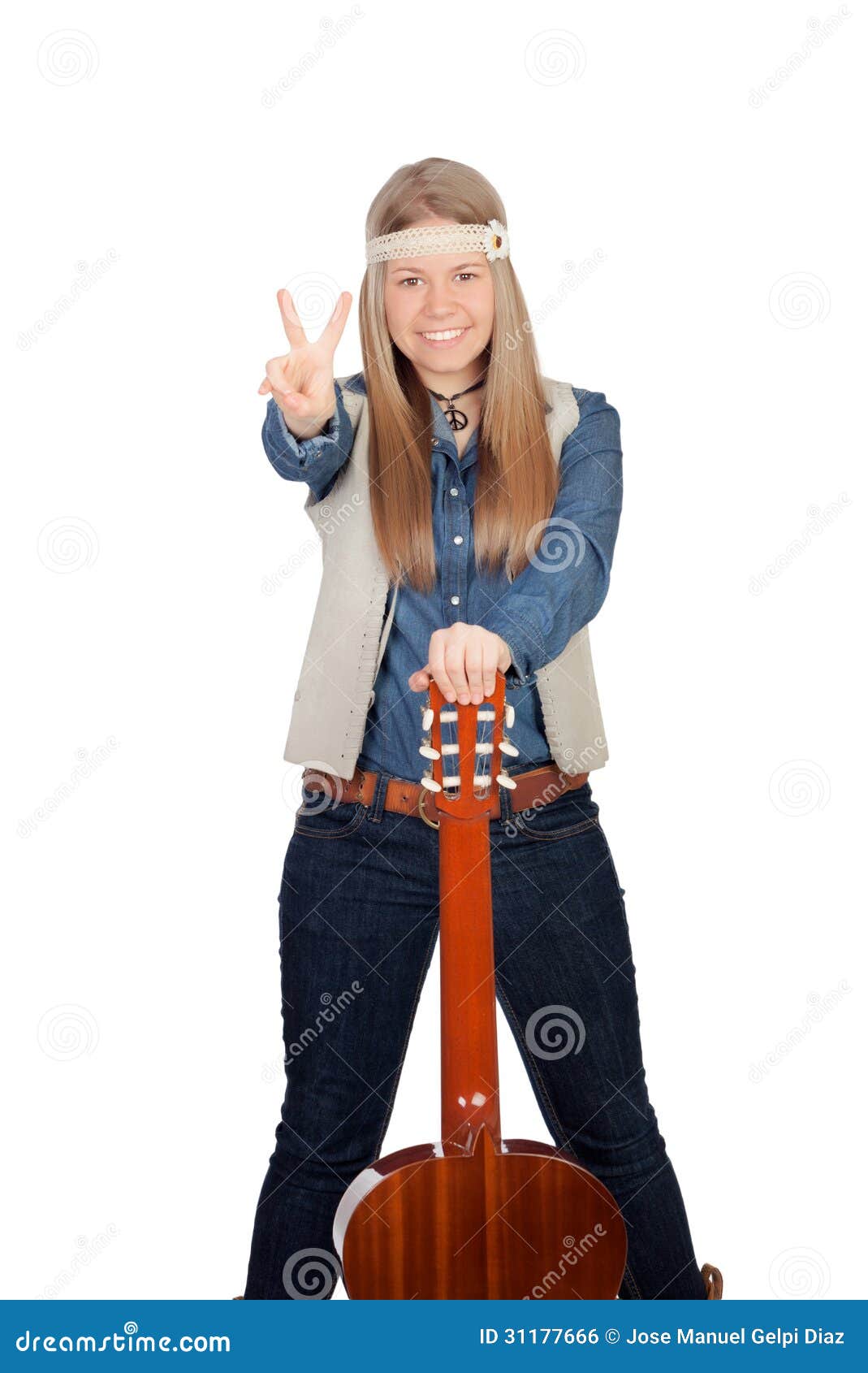 ... girl with hippie clothes and a guitar isolated on white background
