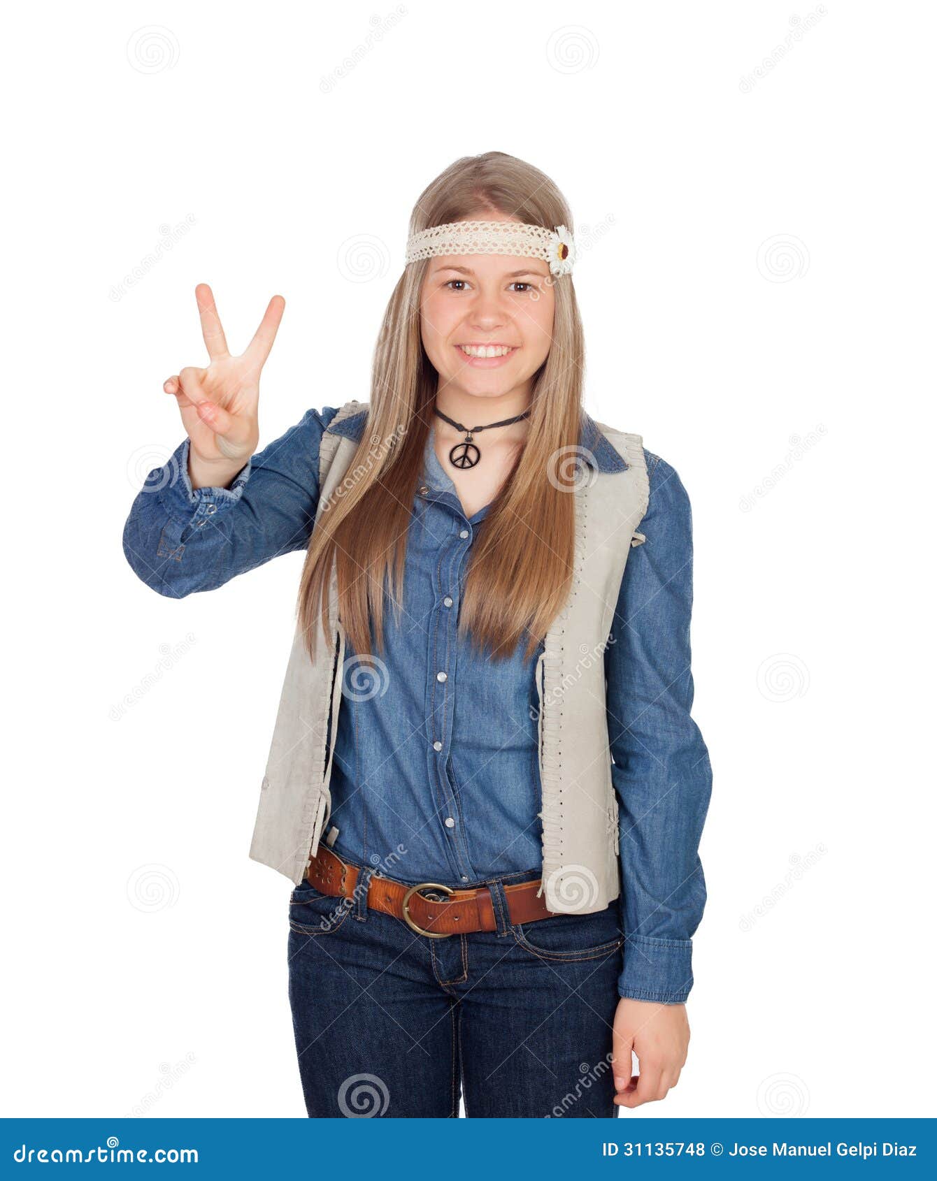 ... hippie clothes making the peace symbol isolated on white background