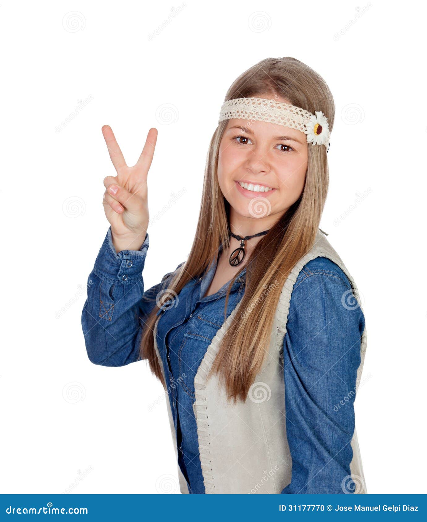 ... hippie clothes making the peace symbol isolated on white background