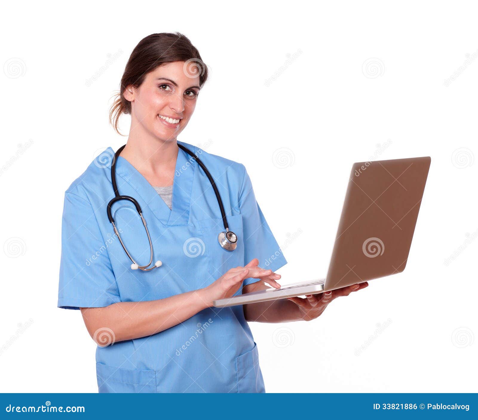 Pretty Smiling While Using Laptop Pretty Smiling While Using Laptop Royalty Free