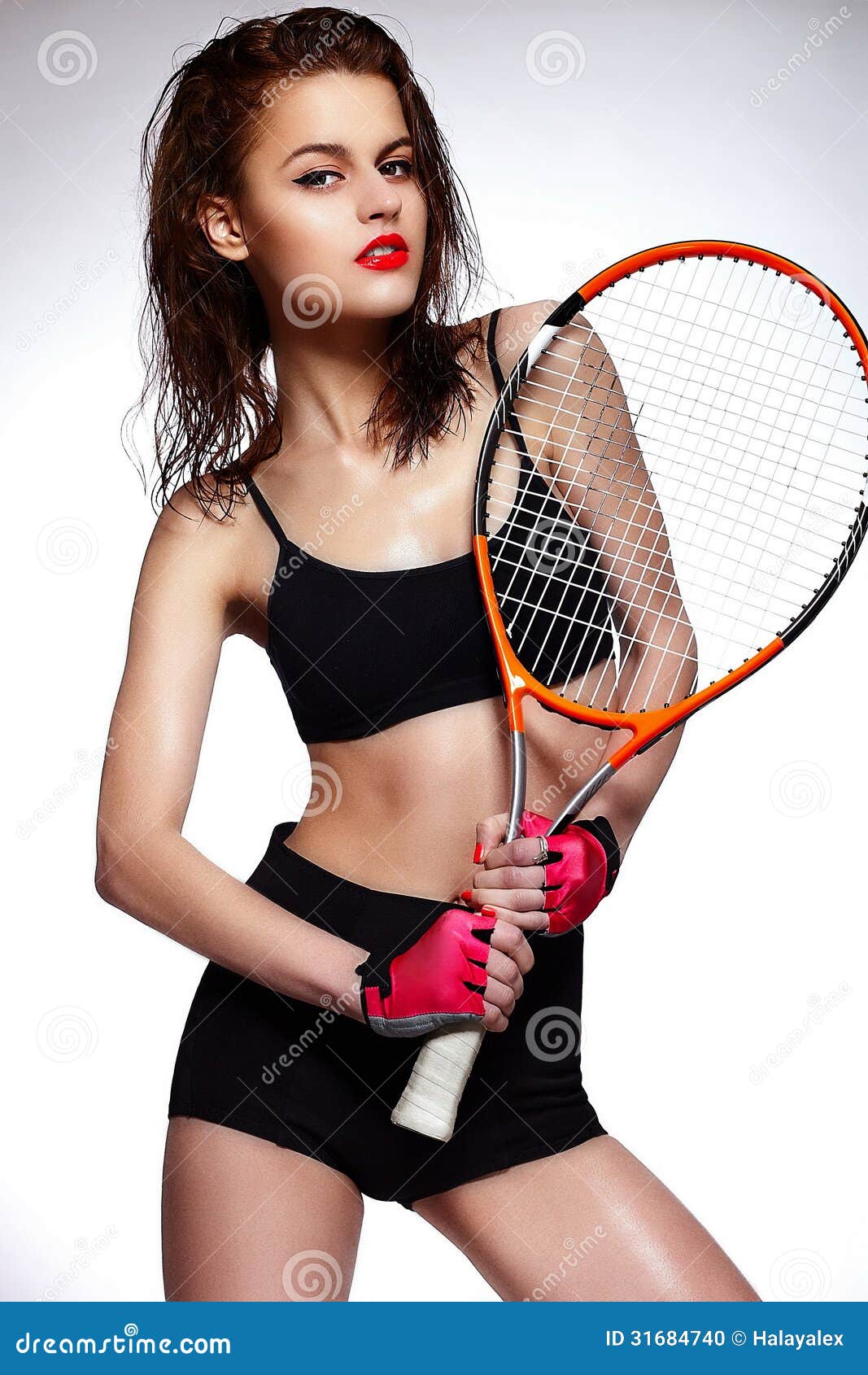 Professional Tennis Player Woman Model With Bright Stock