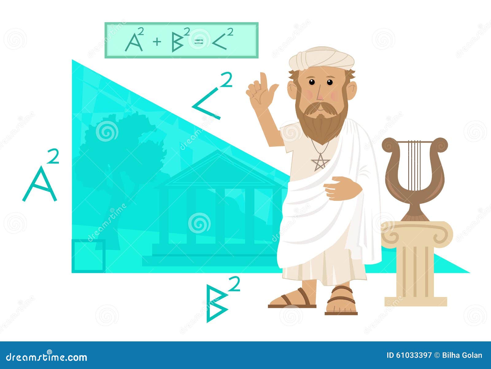 pythagoras cute cartoon pointing his formula big right angled triangle greece landscape background 61033397