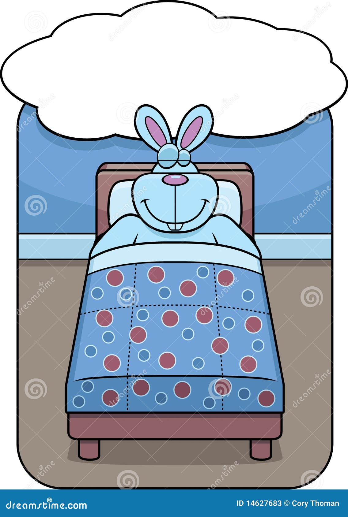 cartoon rabbit in bed dreaming and smiling.
