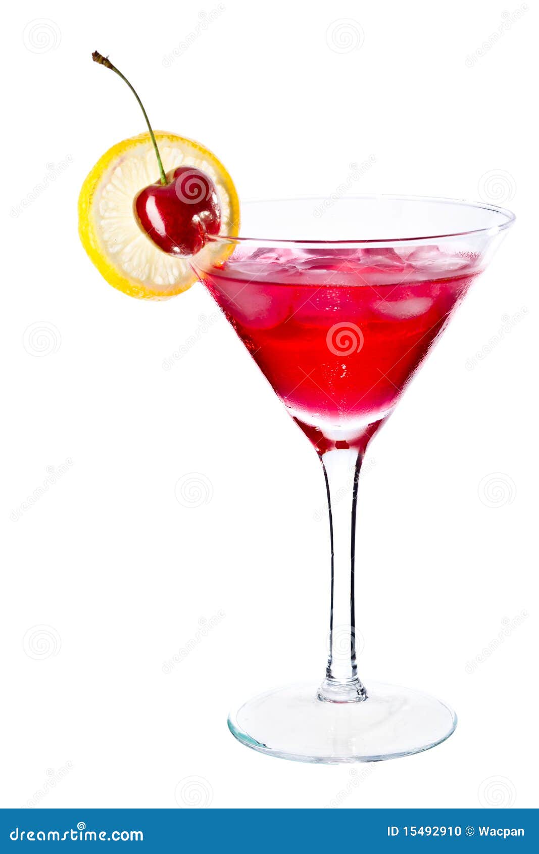 Red drink in martini glass, garnished with marachino cherry. Isolated ... Red drink in martini glass, garnished with marachino cherry. Isolated ...