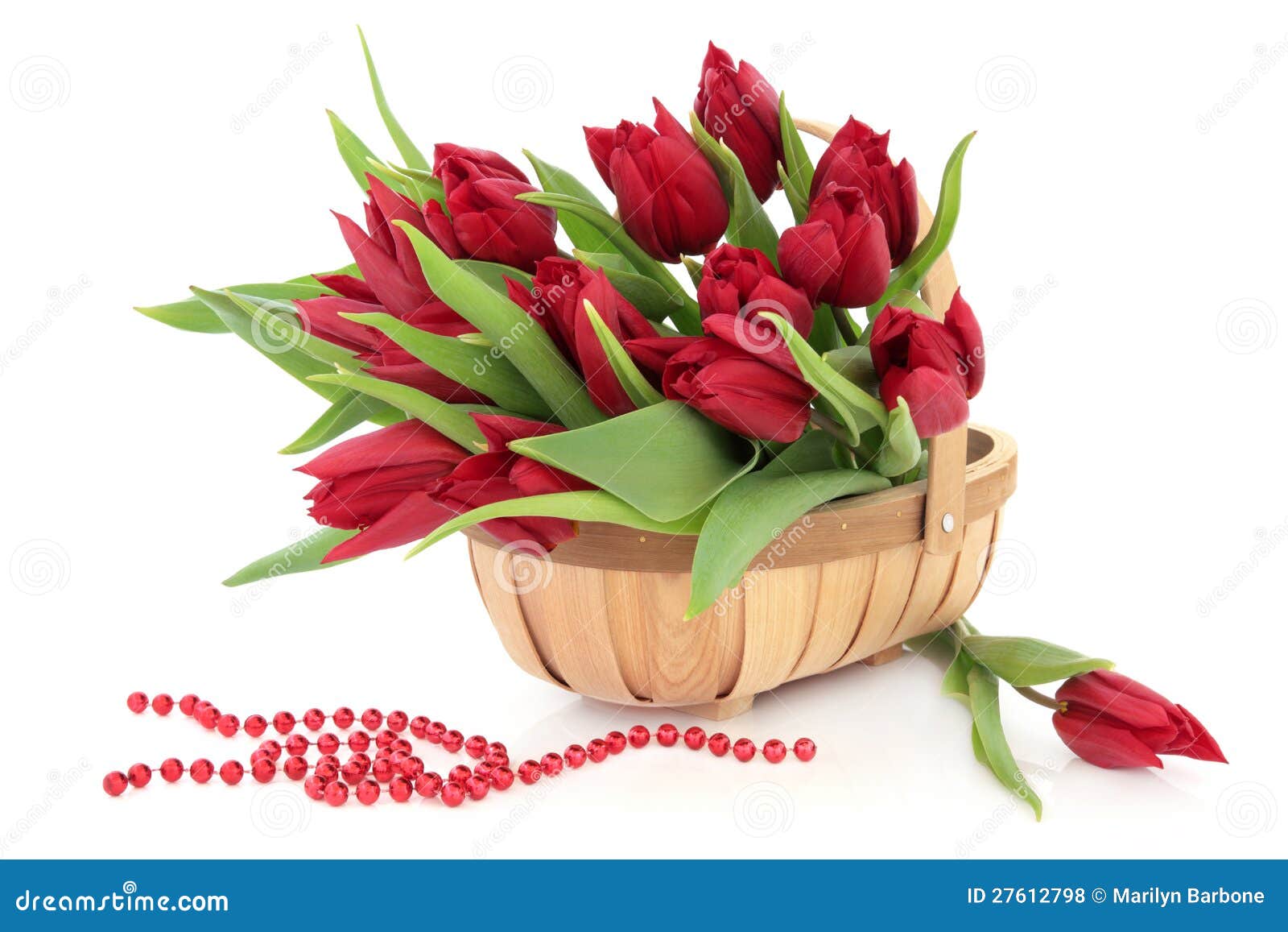  in a rustic wooden basket with bead chain over white background