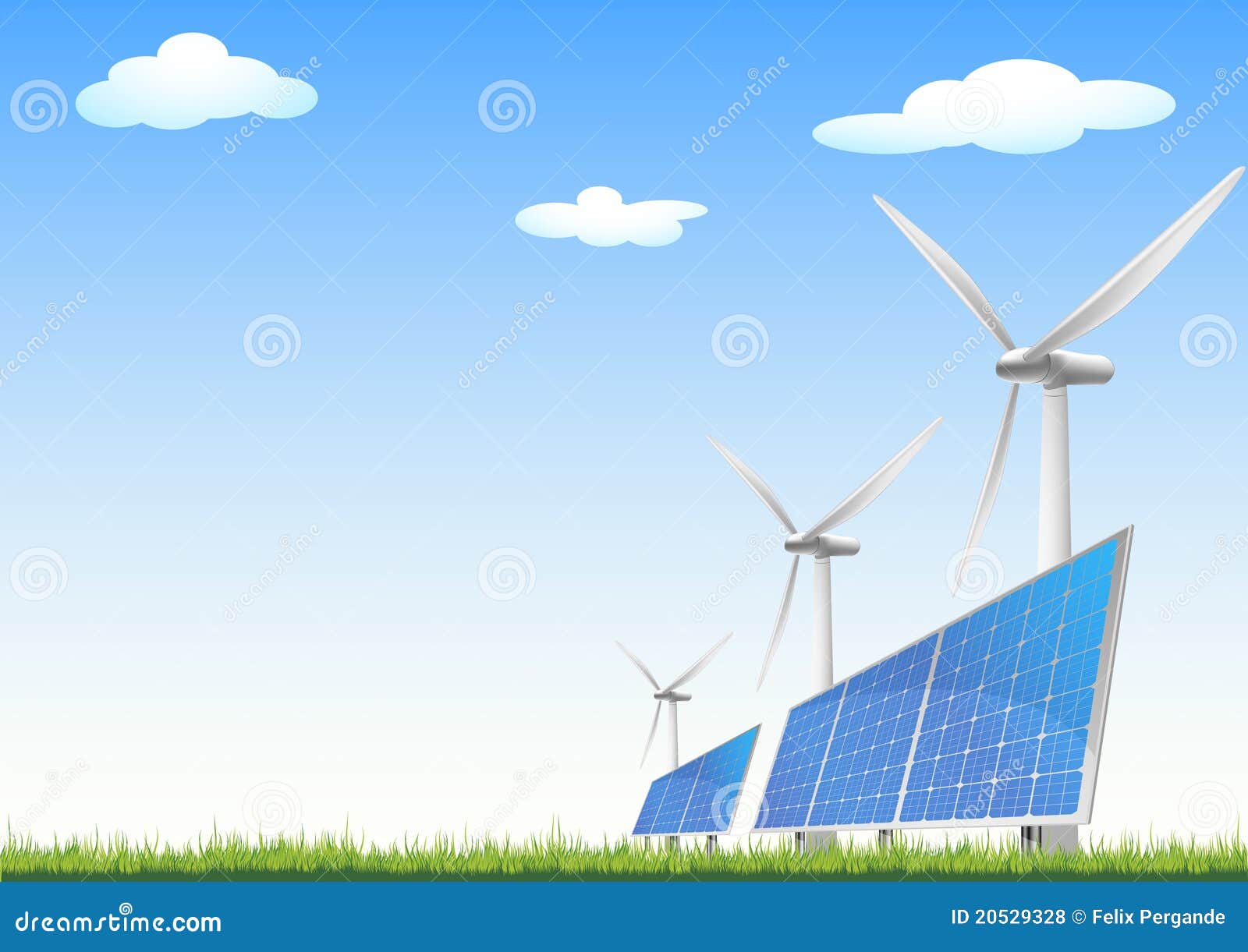 Illustration of panels with solar cells and wind generators on a green 