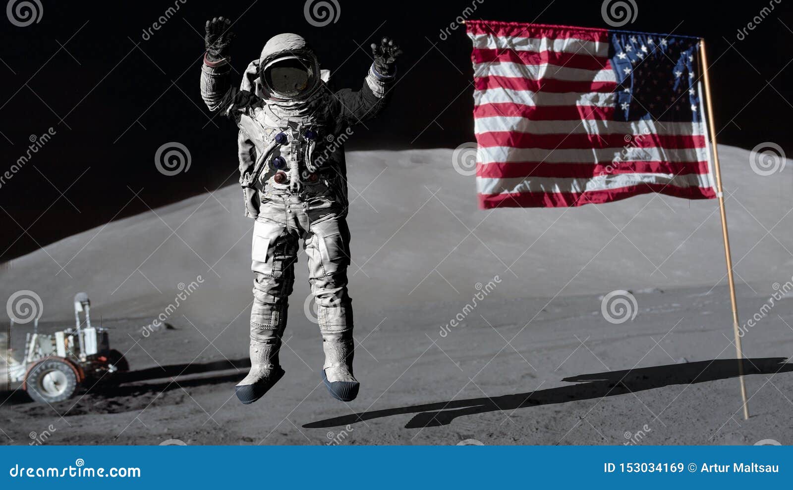 Representaci N 3d El Astronauta Que Salta En La Luna Y Que Saluda La