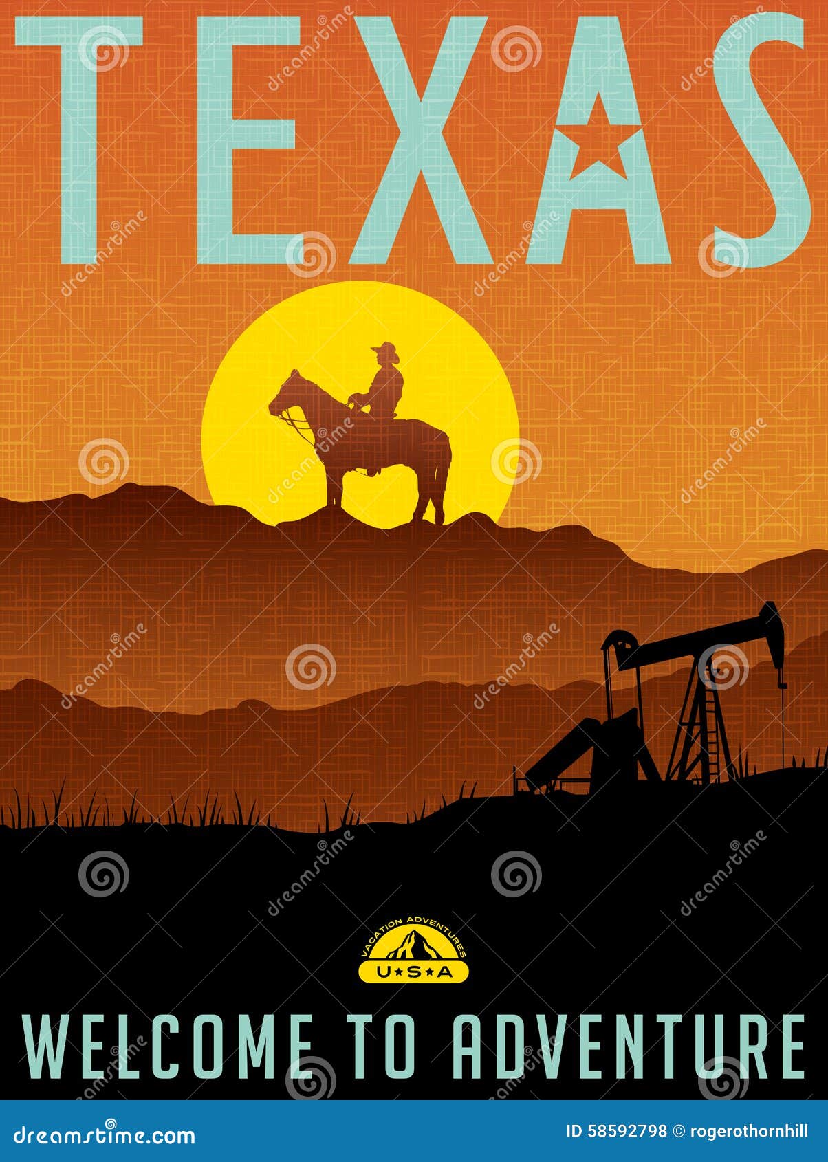 Retro Illustrated Travel Poster For Texas Stock Photo - Image: 58592798