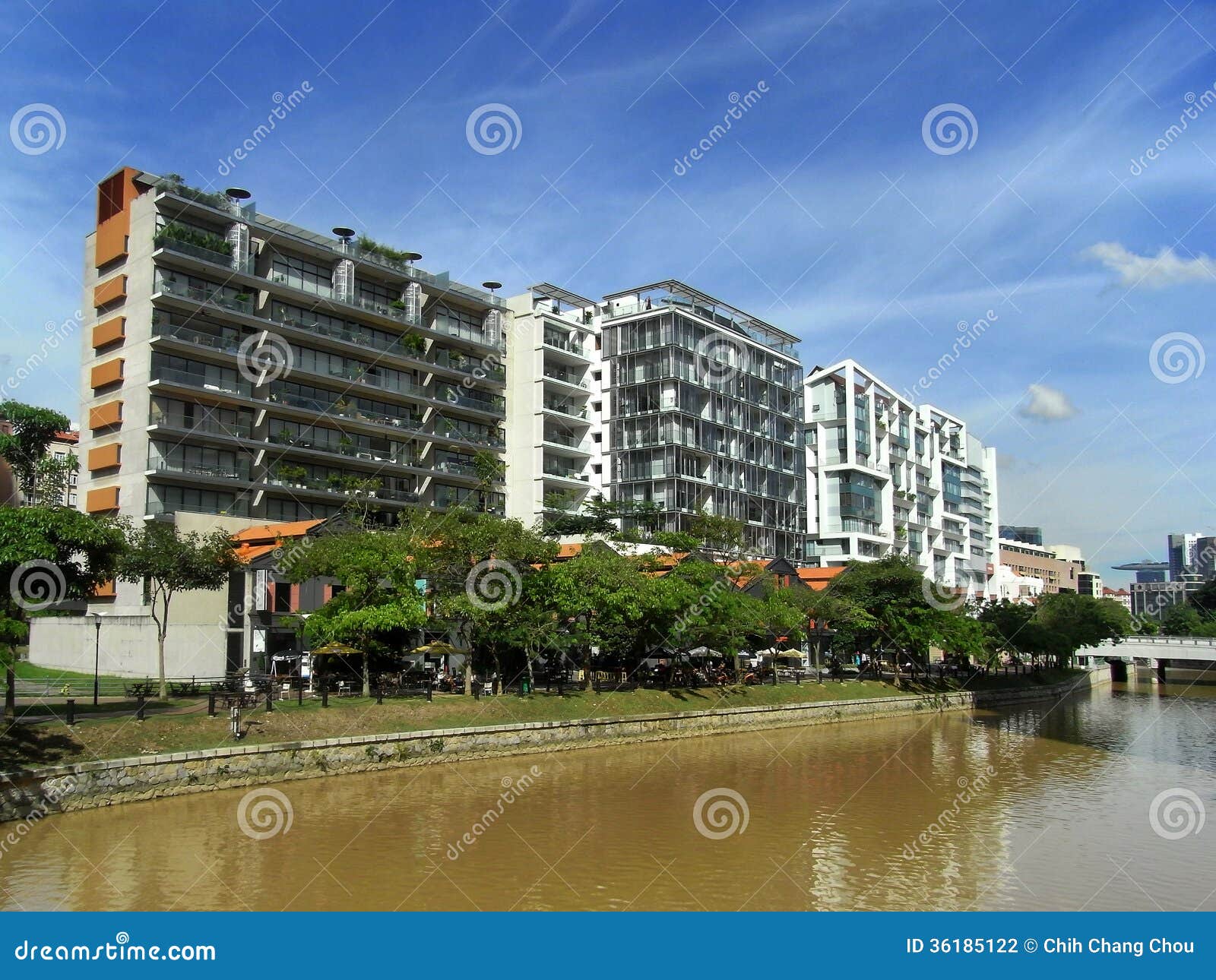 Scenic view of Riparian area or zone with high rise buildings and ...