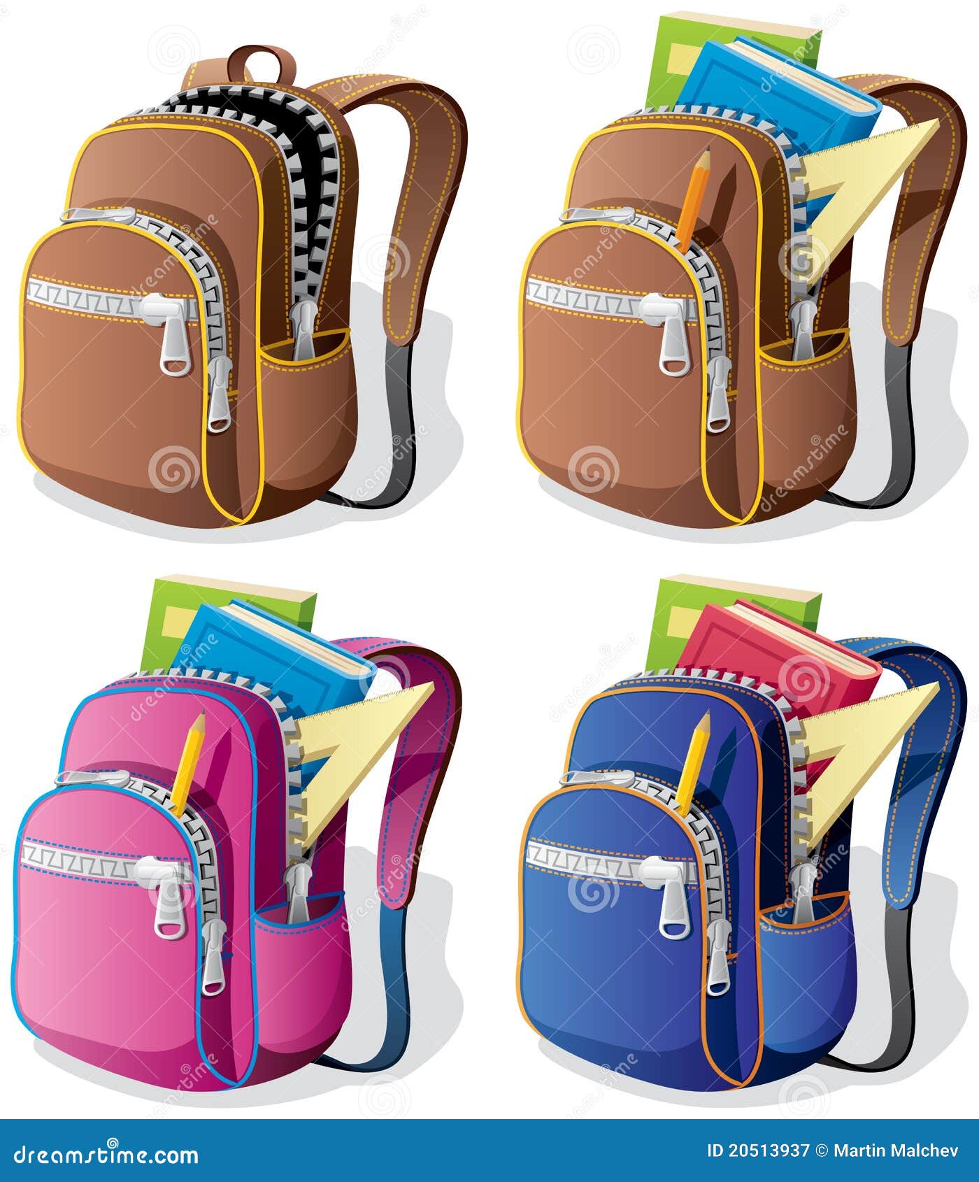 Un sac à dos d'école dans 4 versions différentes. Aucune ... Un sac à dos d'école dans 4 versions différentes. Aucune ...
