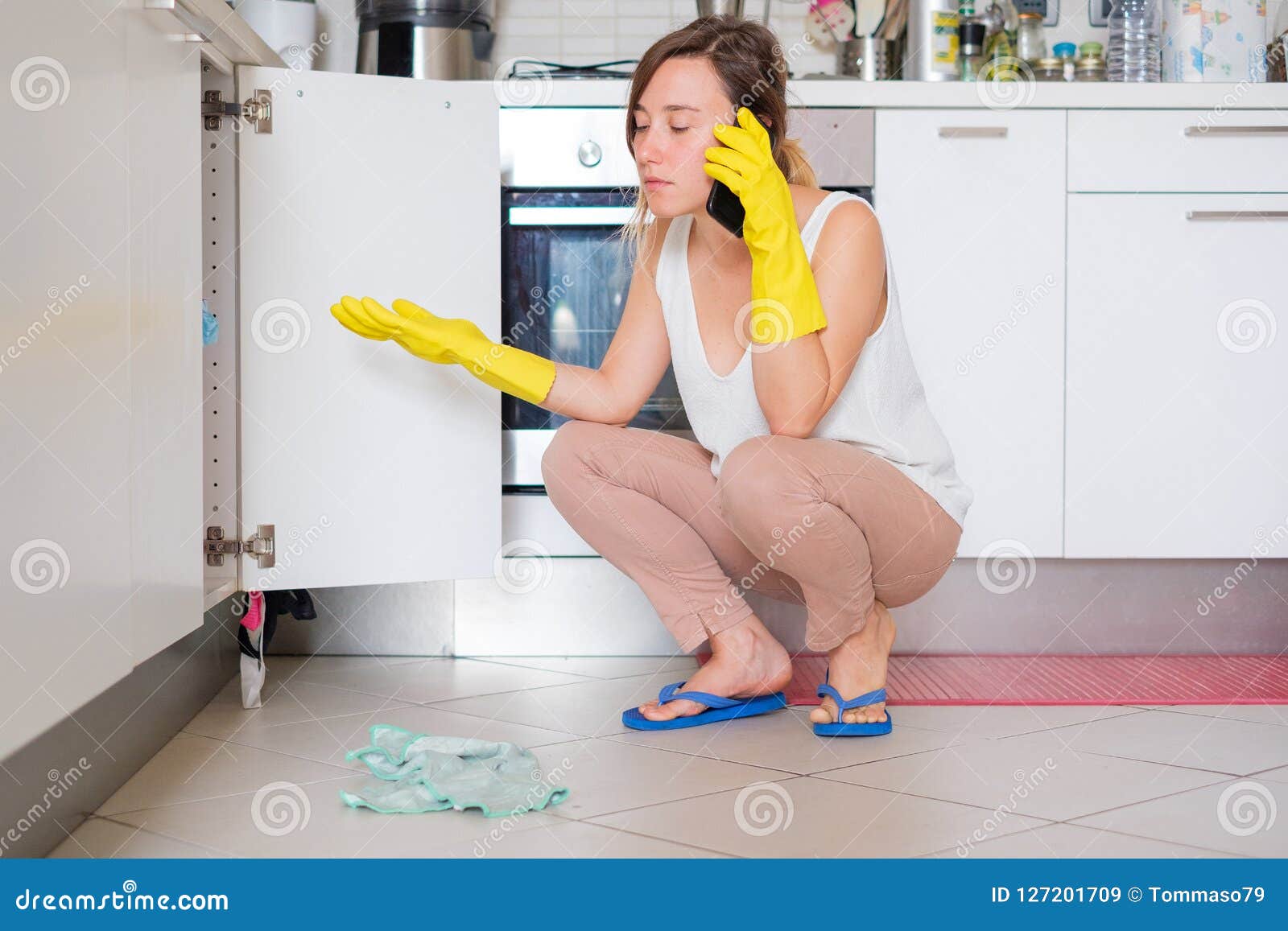 Desperate Housewife Calling Plumber Quick Service Stock Image Image