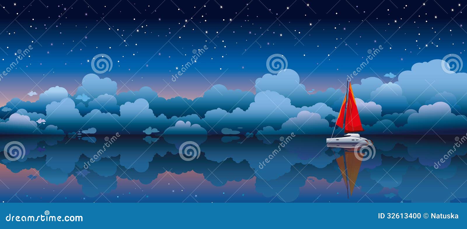 Sailing Boat In A Sea And Night Sky Stock Photo - Image: 32613400