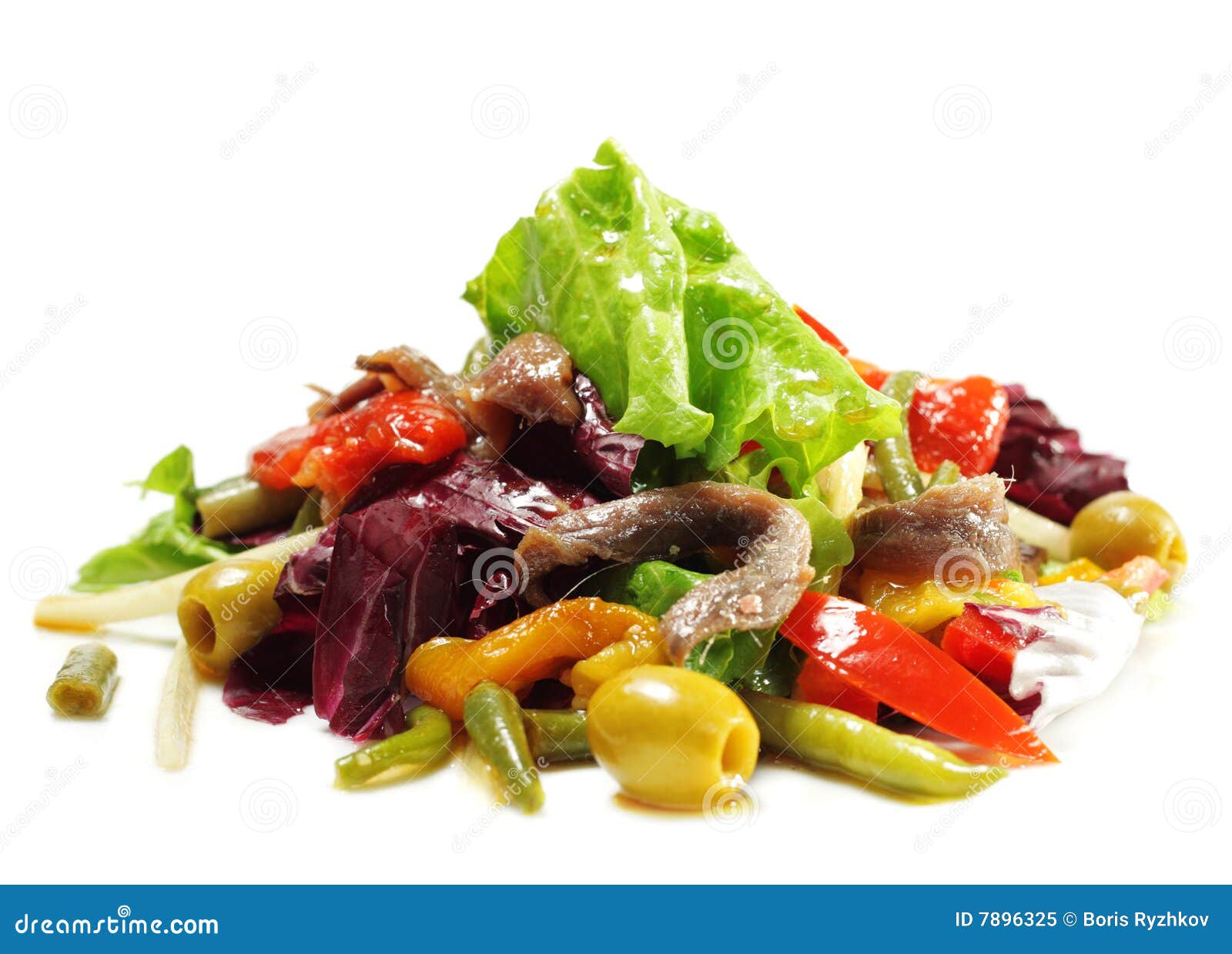 Salad with Anchovy, Olive and Vegetable Leaf. Isolated on White ...
