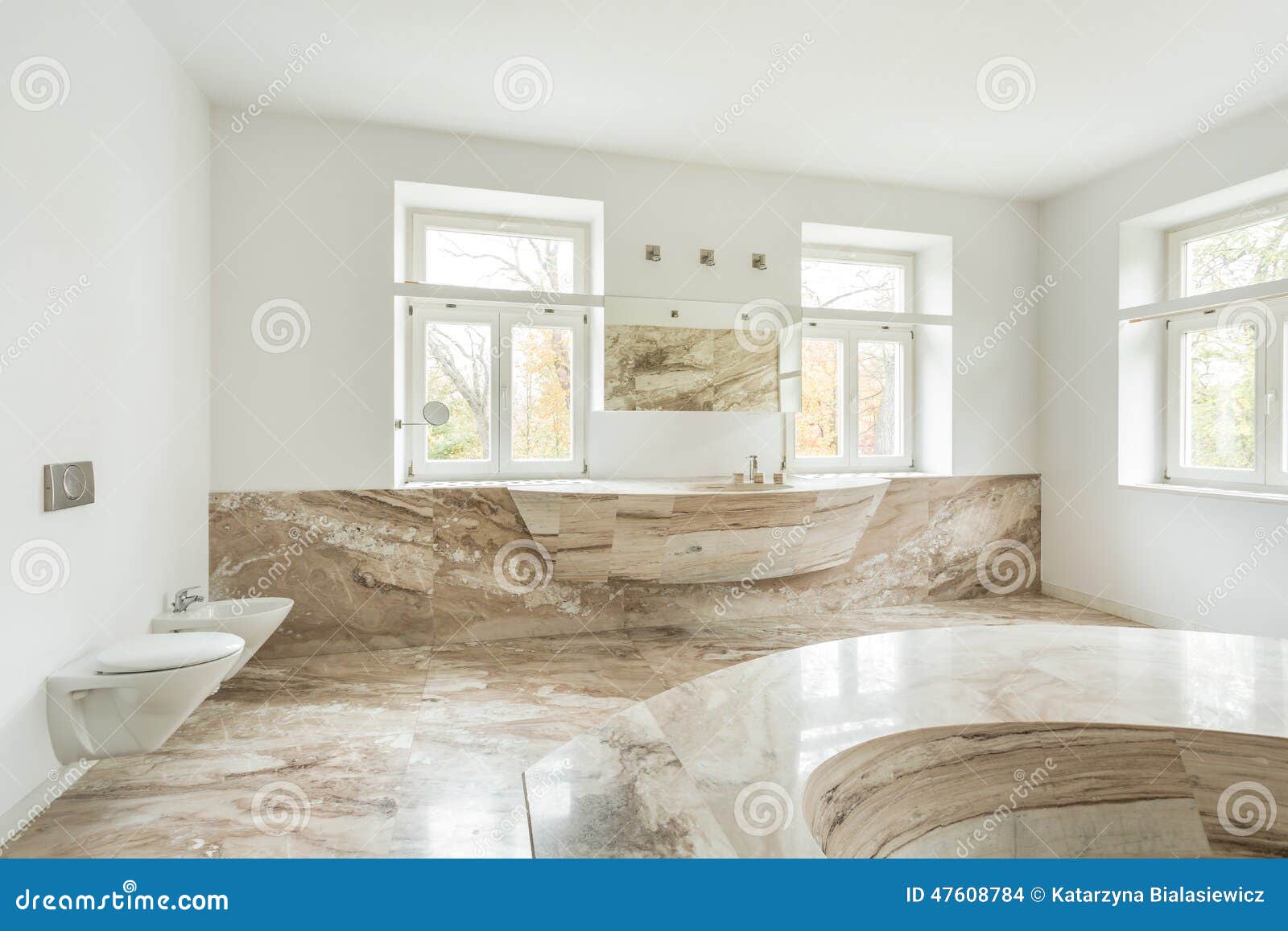 Vue de salle de bains chère avec le plancher de marbre.