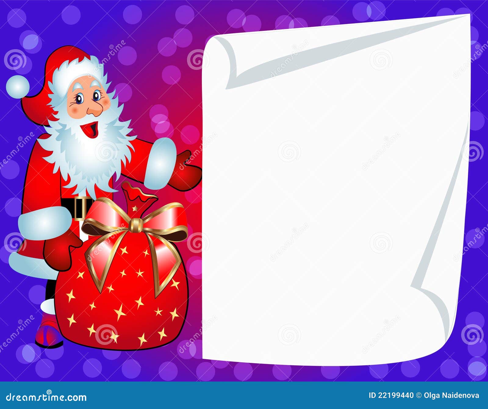 Illustration santa with bag and clean paper for invitation.