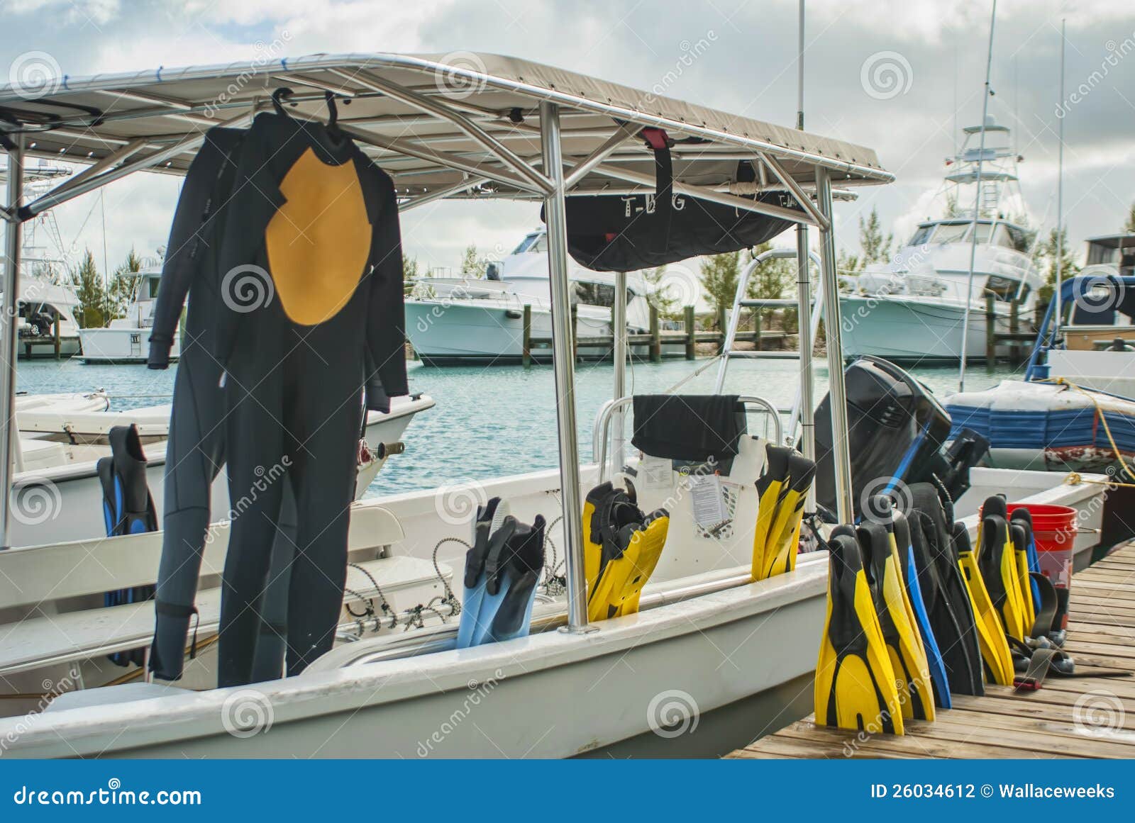 Stock Photography: Scuba Gear and Boat at the Dock