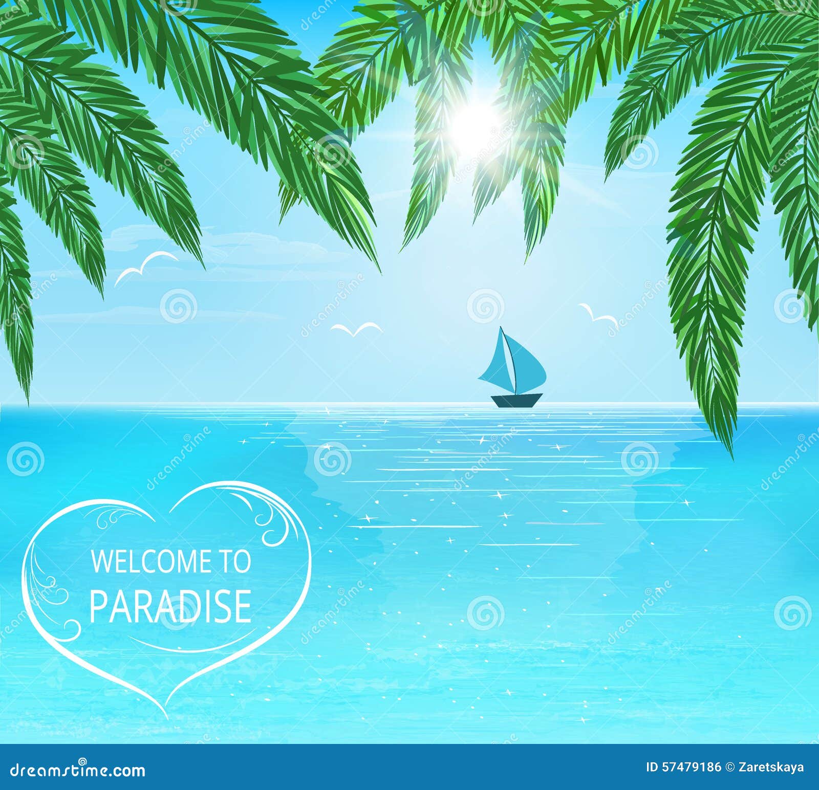 Sea, sailboard on horizon, palm leaves on foreground, sun with sunbeam 
