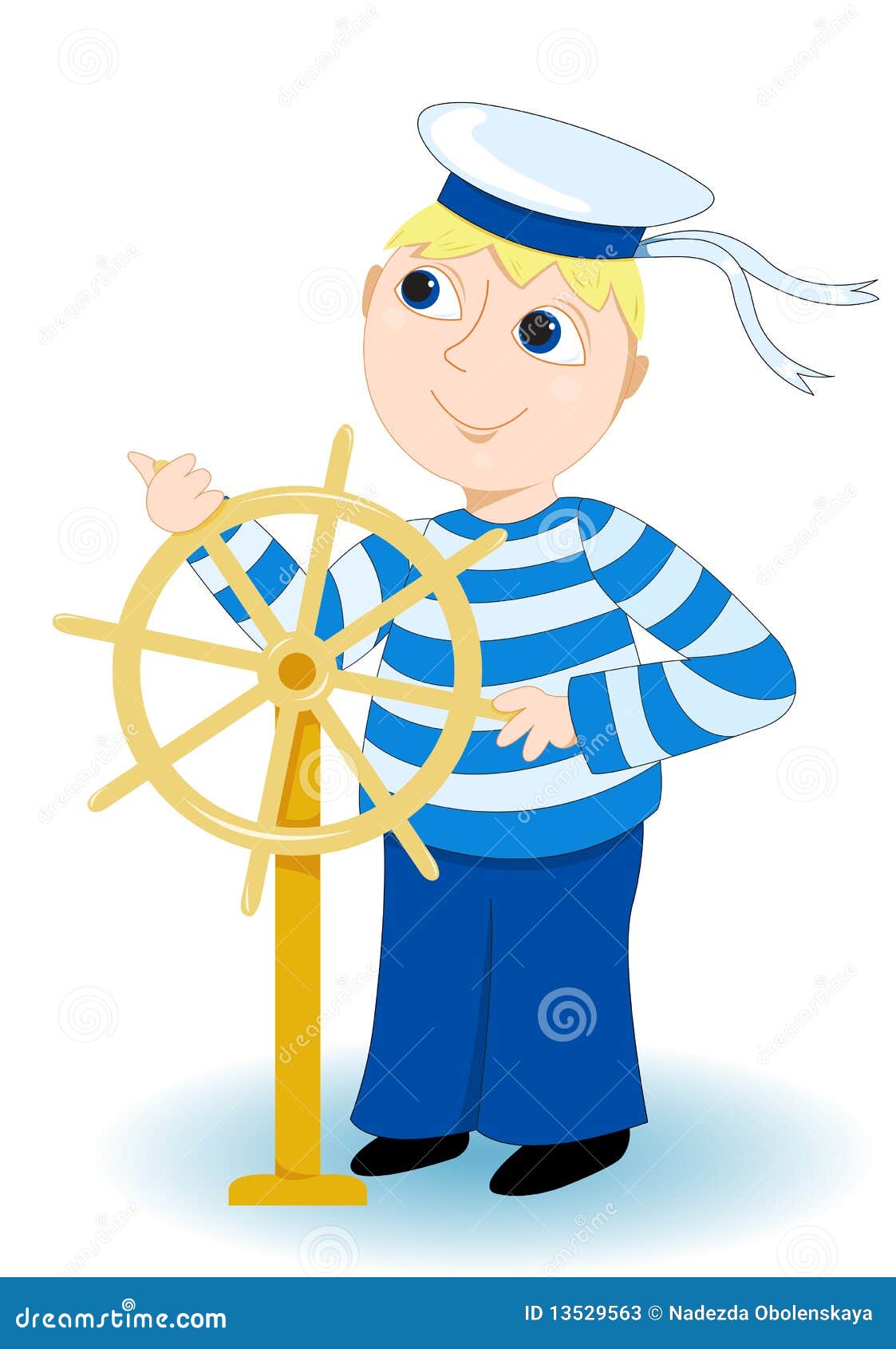 Boy in a sea stripped vest operates a wheel. On white. Vector 