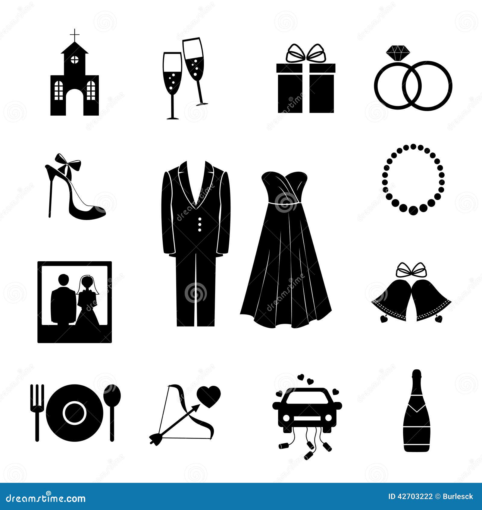 set black silhouette wedding icons vector depicting church champagne gift rings shoe bride groom pearls photograph bells 42703222