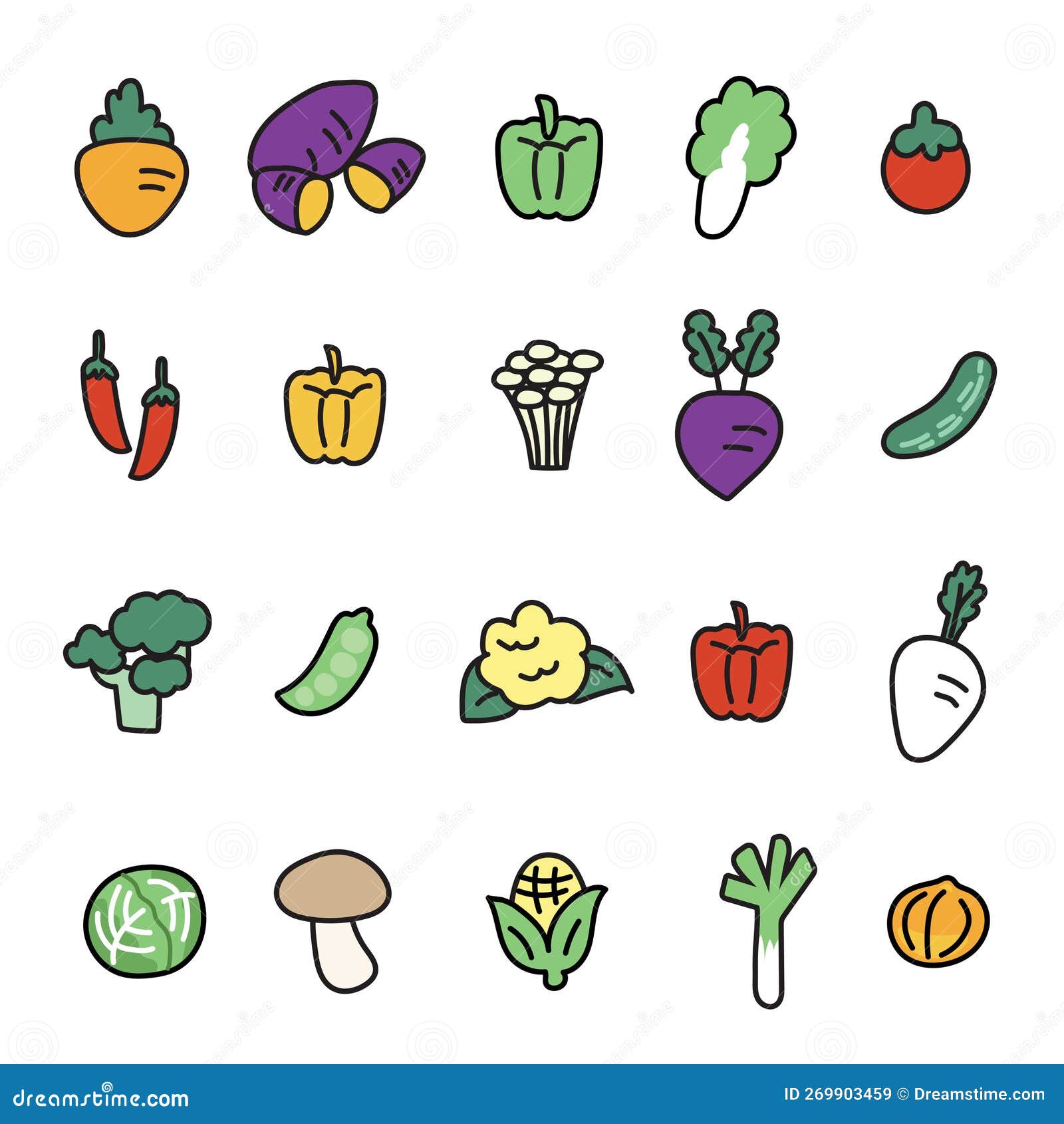 Set Of Cute Vegetable Cartoon On White Backgroud Plant Collection Stock