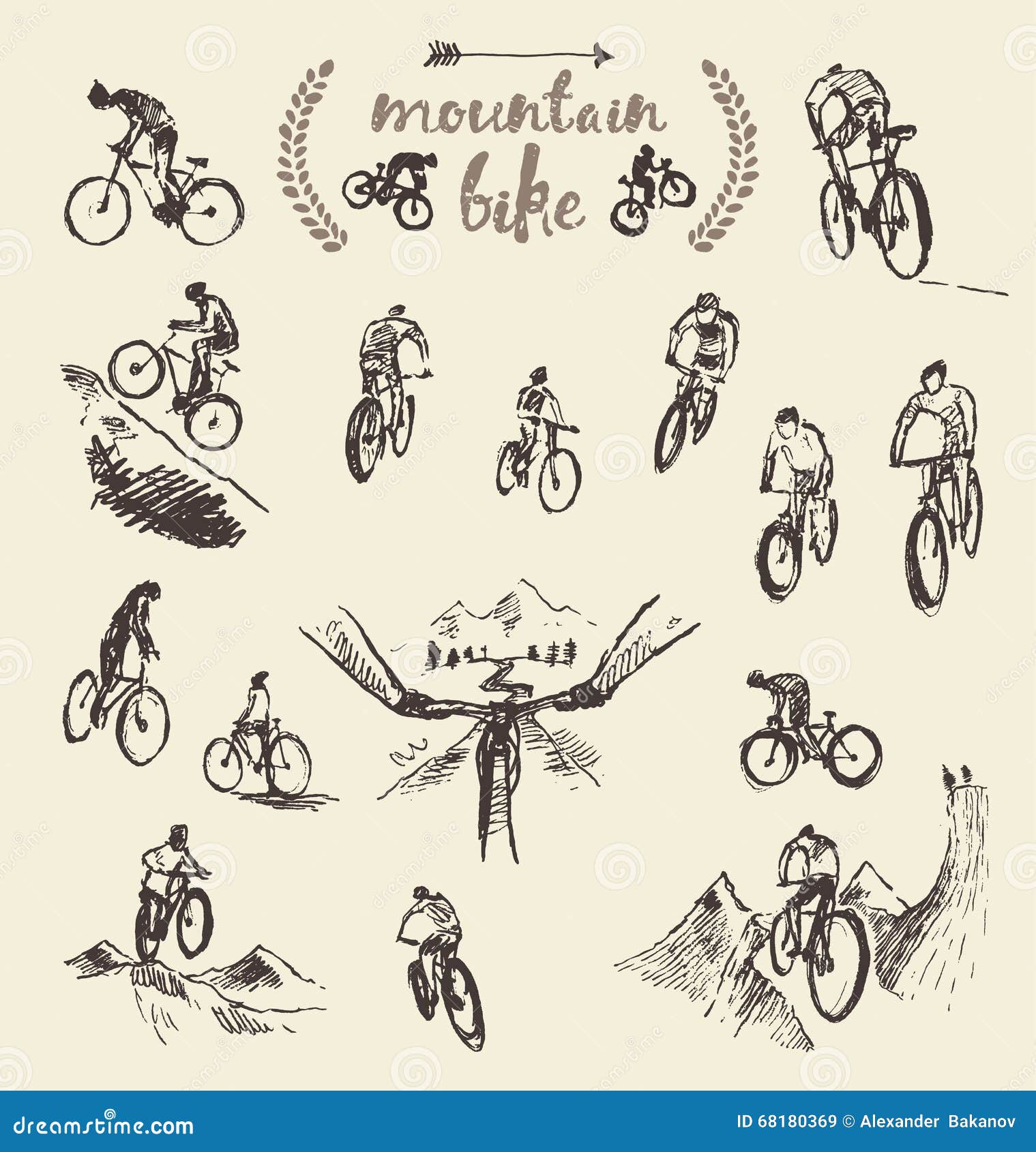 Set Hand Drawn Mountain Bike Cyclist Vector Sketch Stock Vector - Image