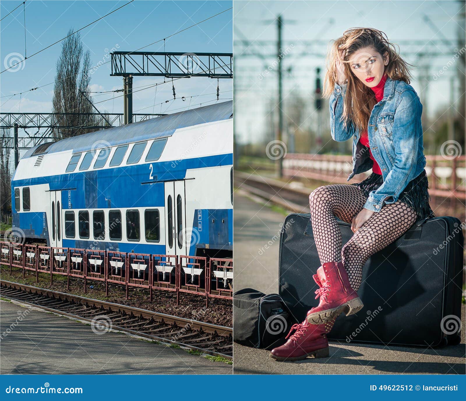 Attractive Girl With Red Head Boots Posing On The Platform 