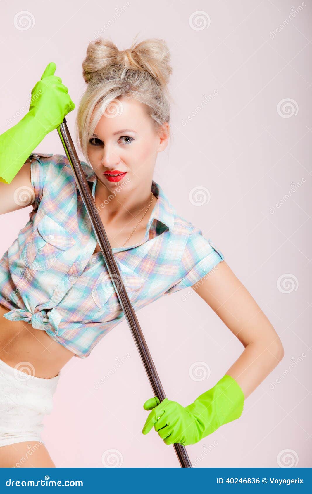 Sexy Girl Retro Style, Woman Housewife Cleaner With Mop Stock Ph pic