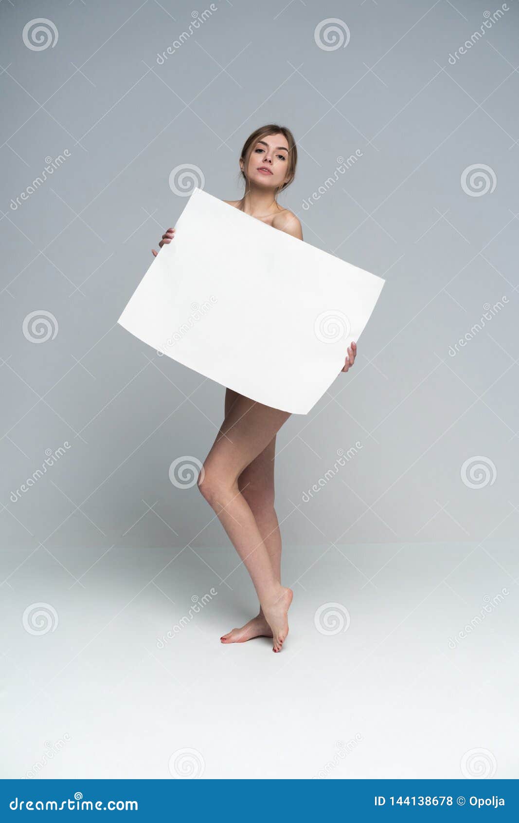 Naked Girl With A Poster Clean Skin Hair Removed Isolate For Advertising And Presentation