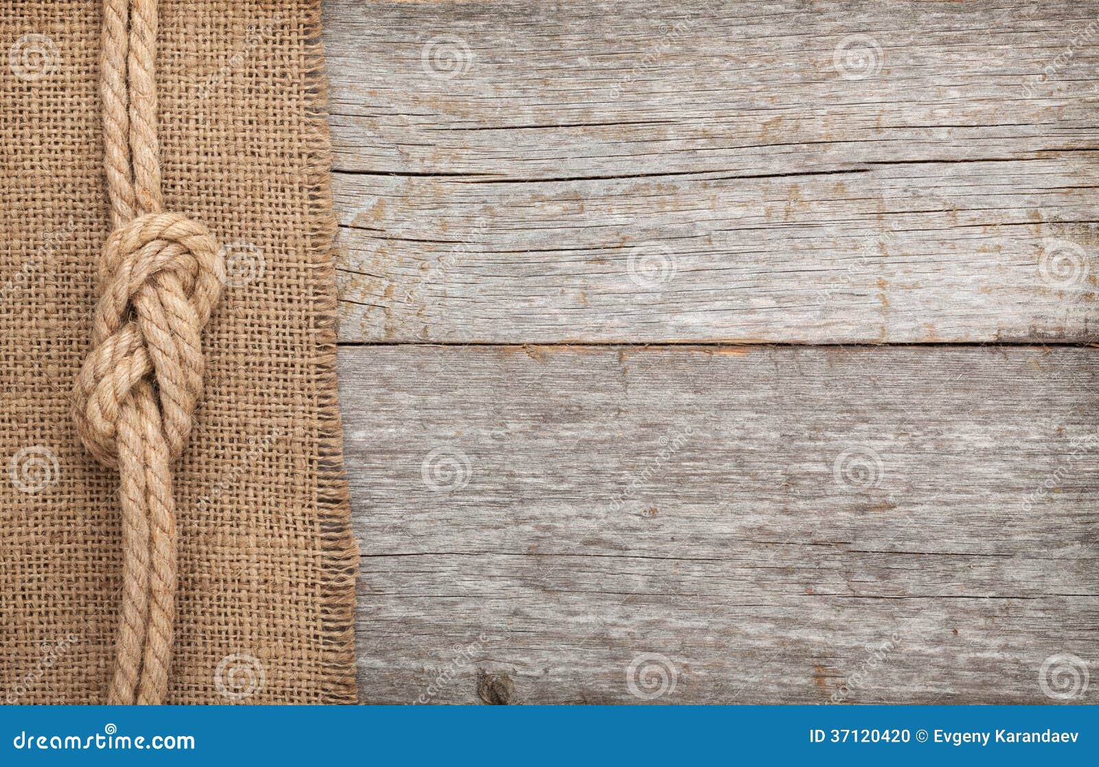 Ship Rope On Wood And Burlap Texture Background Stock Photo - Image 