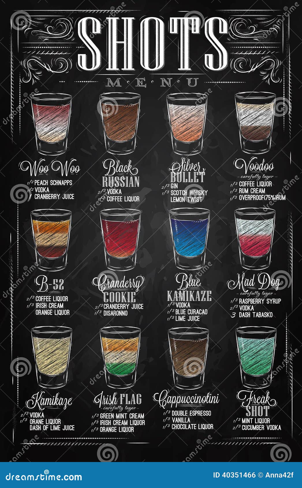 shots menu chalk set drinks names vintage style stylized drawing chalkboard lettering 40351466