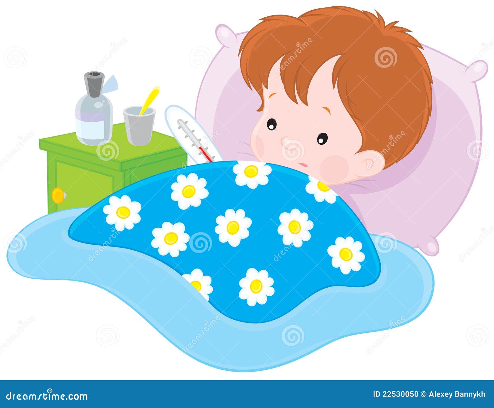... clip-art illustration of a sick boy lying with a thermometer in a bed
