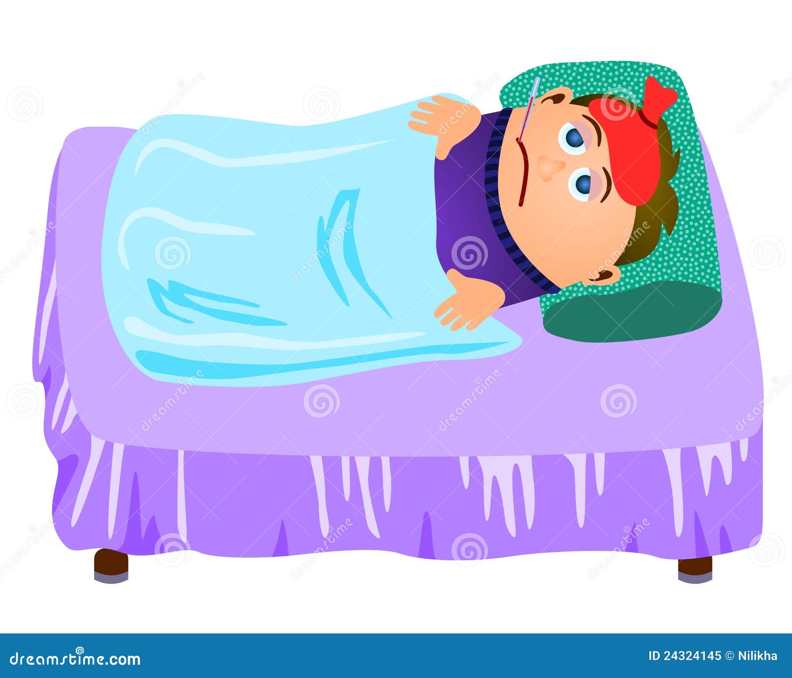 young cartoon boy lying in bed and very sick.