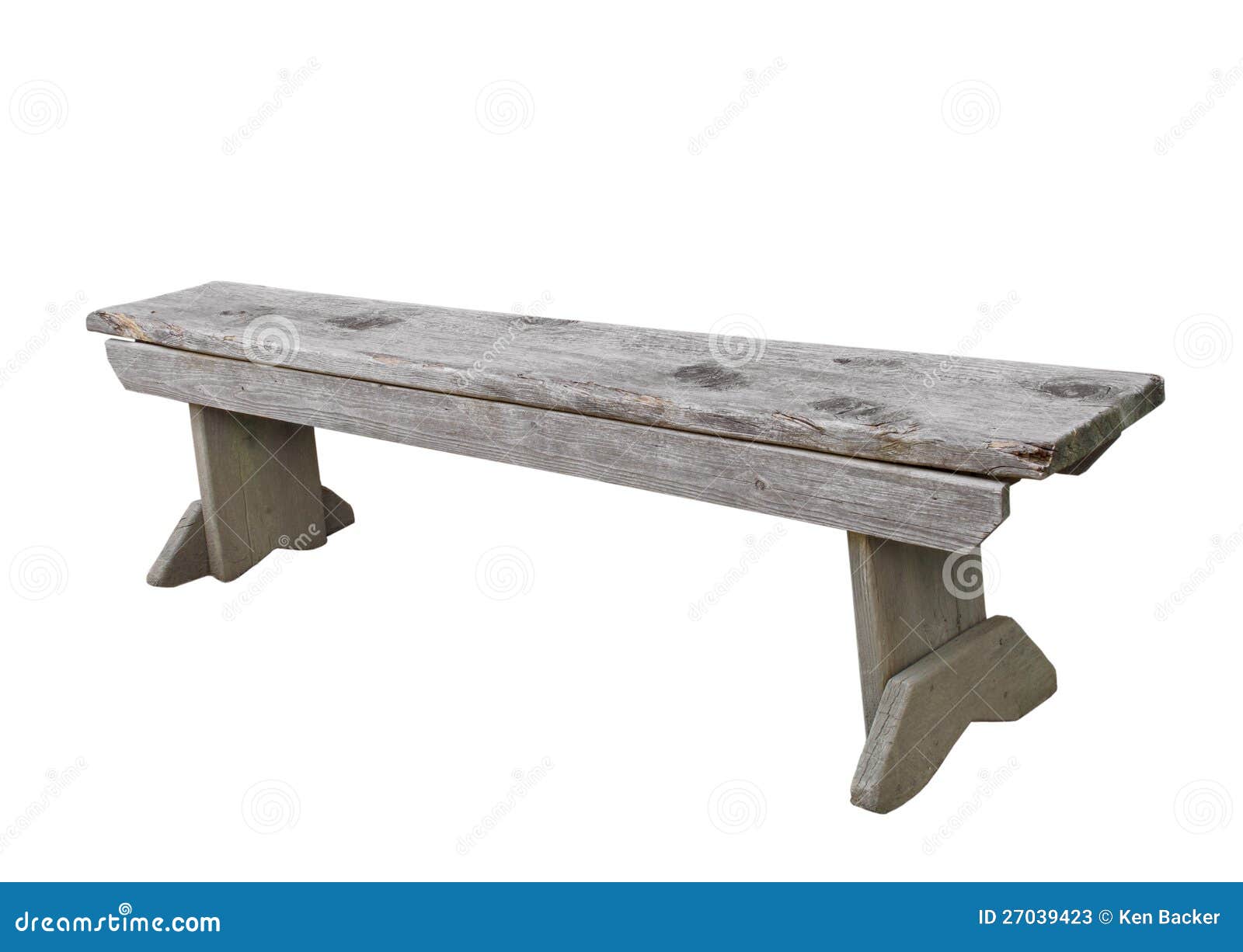 Simple weathered and worn gray wooden bench. Isolated on white.