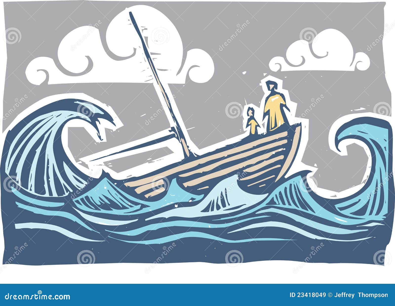 Boat with woman and child sinking in the waves.