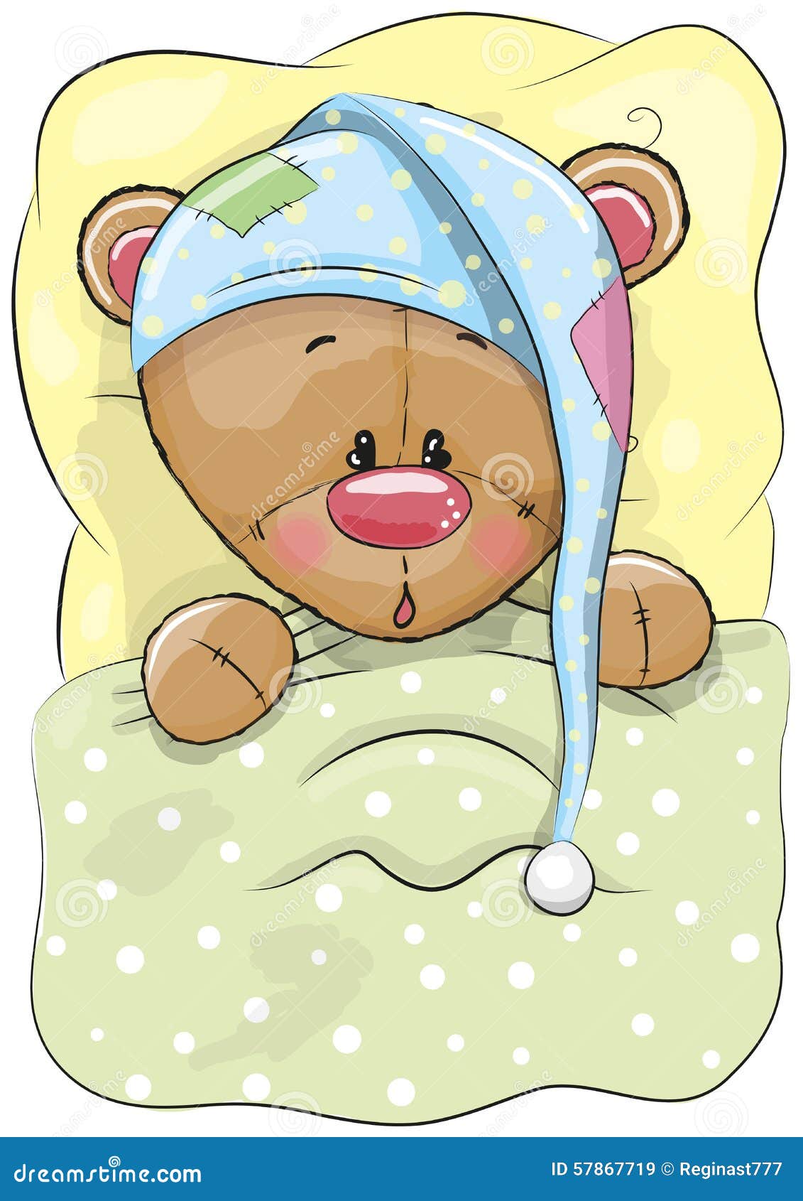 Cute Cartoon Sleeping Teddy Bear with a cap in a bed.