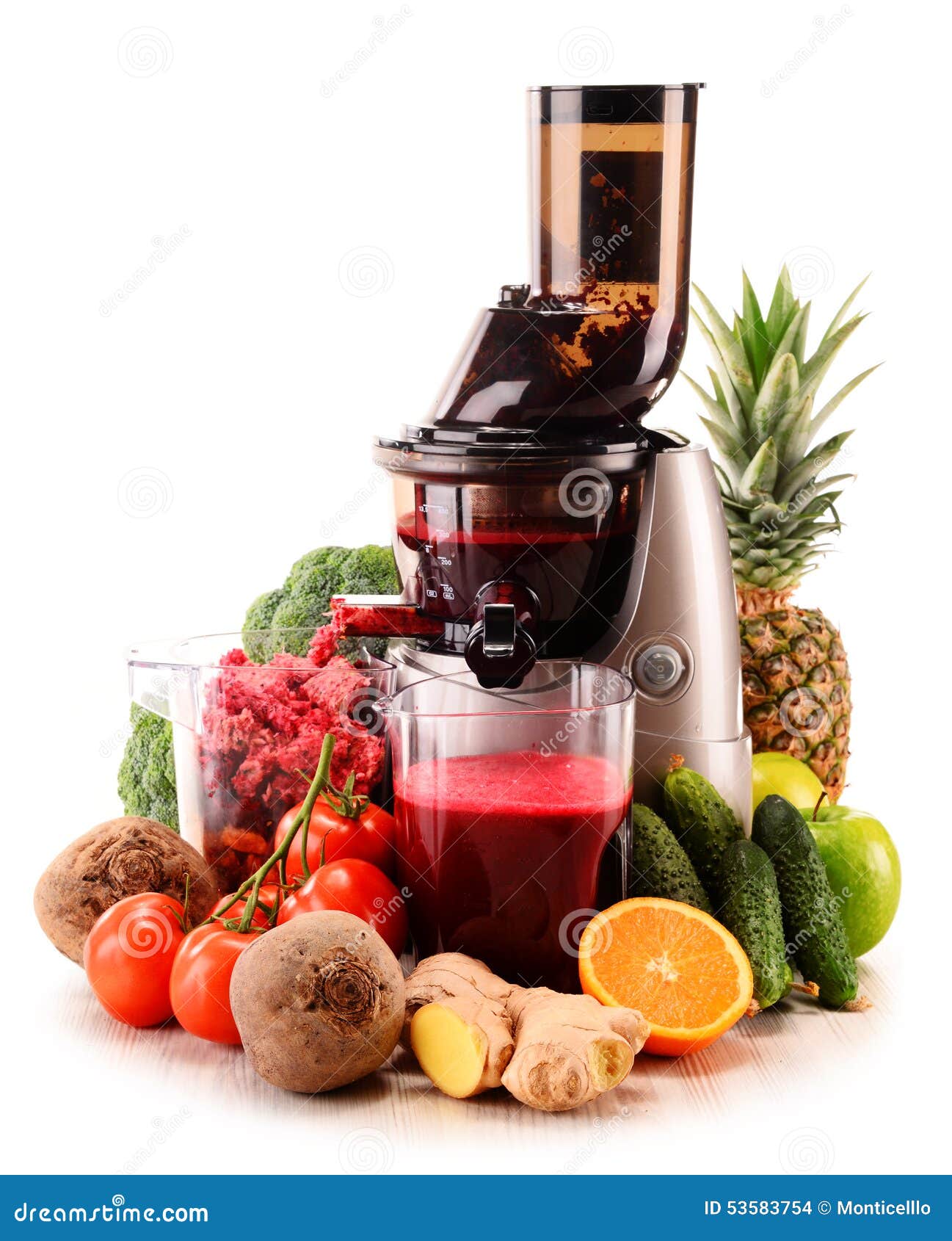 Slow Juicer With Organic Fruits And vegetables On White Stock Photo - Image: 53583754