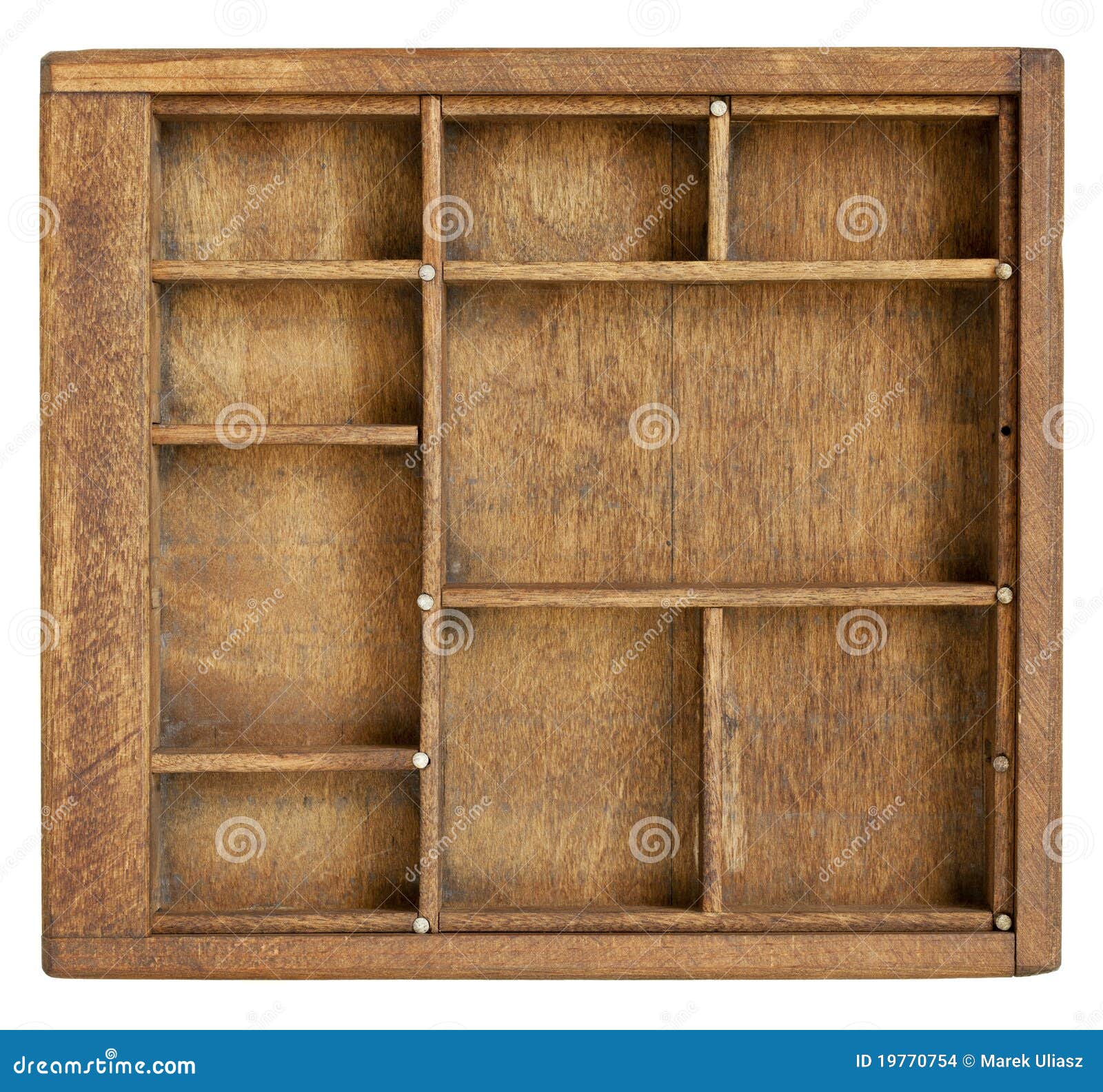 Small vintage wood case (typesetter drawer) with dividers, isolated on 