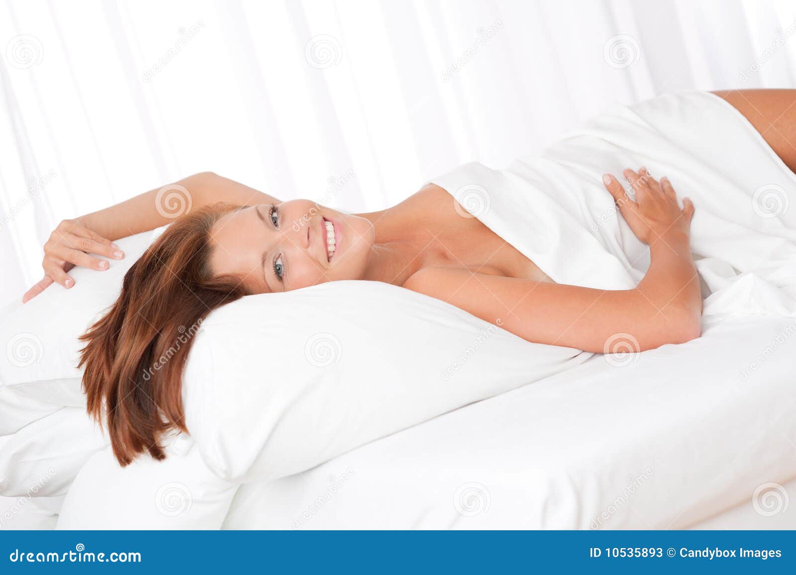 Smiling Brown Hair Woman Lying In White Bed Stock Image Image Of