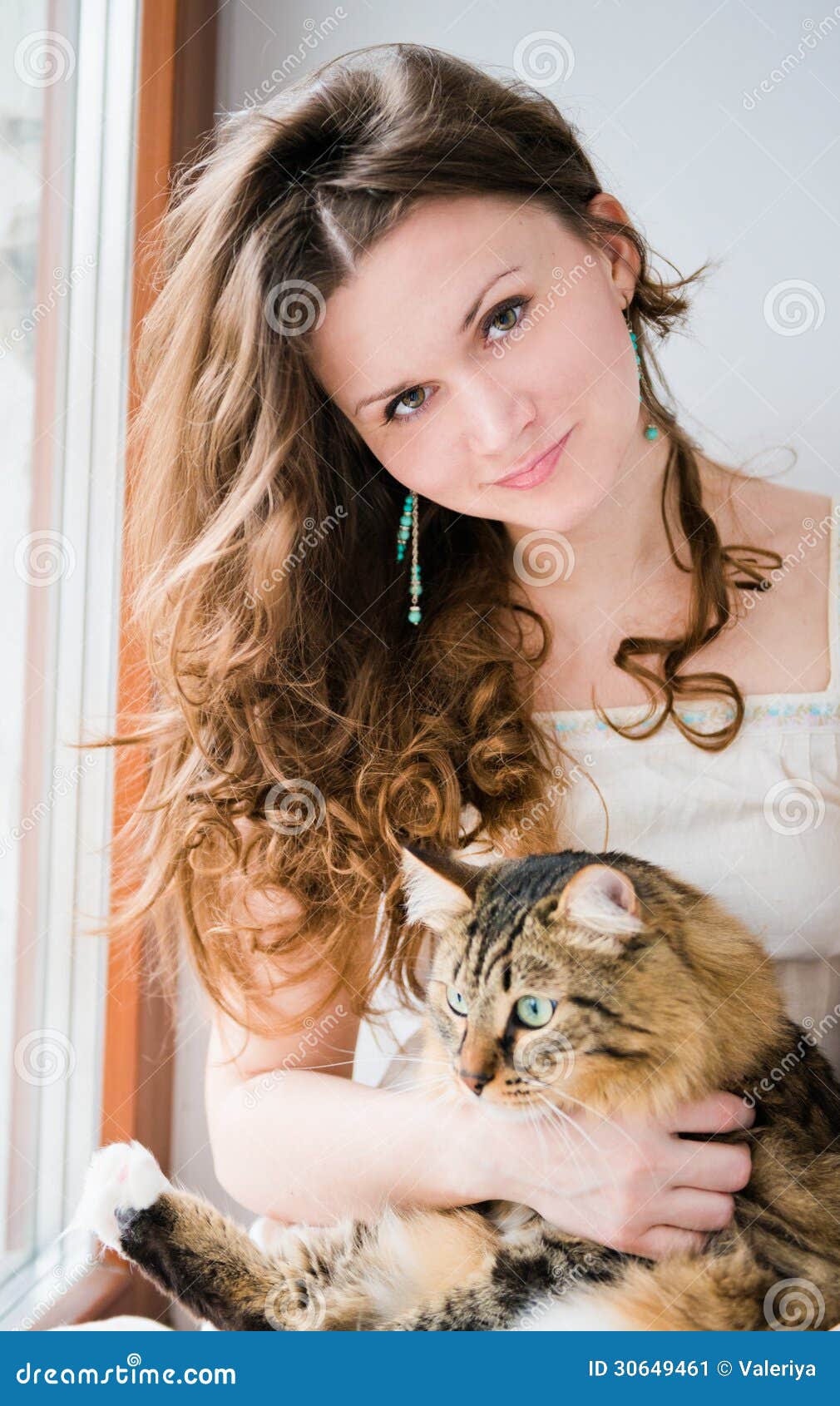 Smiling Brunette Girl And Her Cat Over Stock Image Image Of Beast