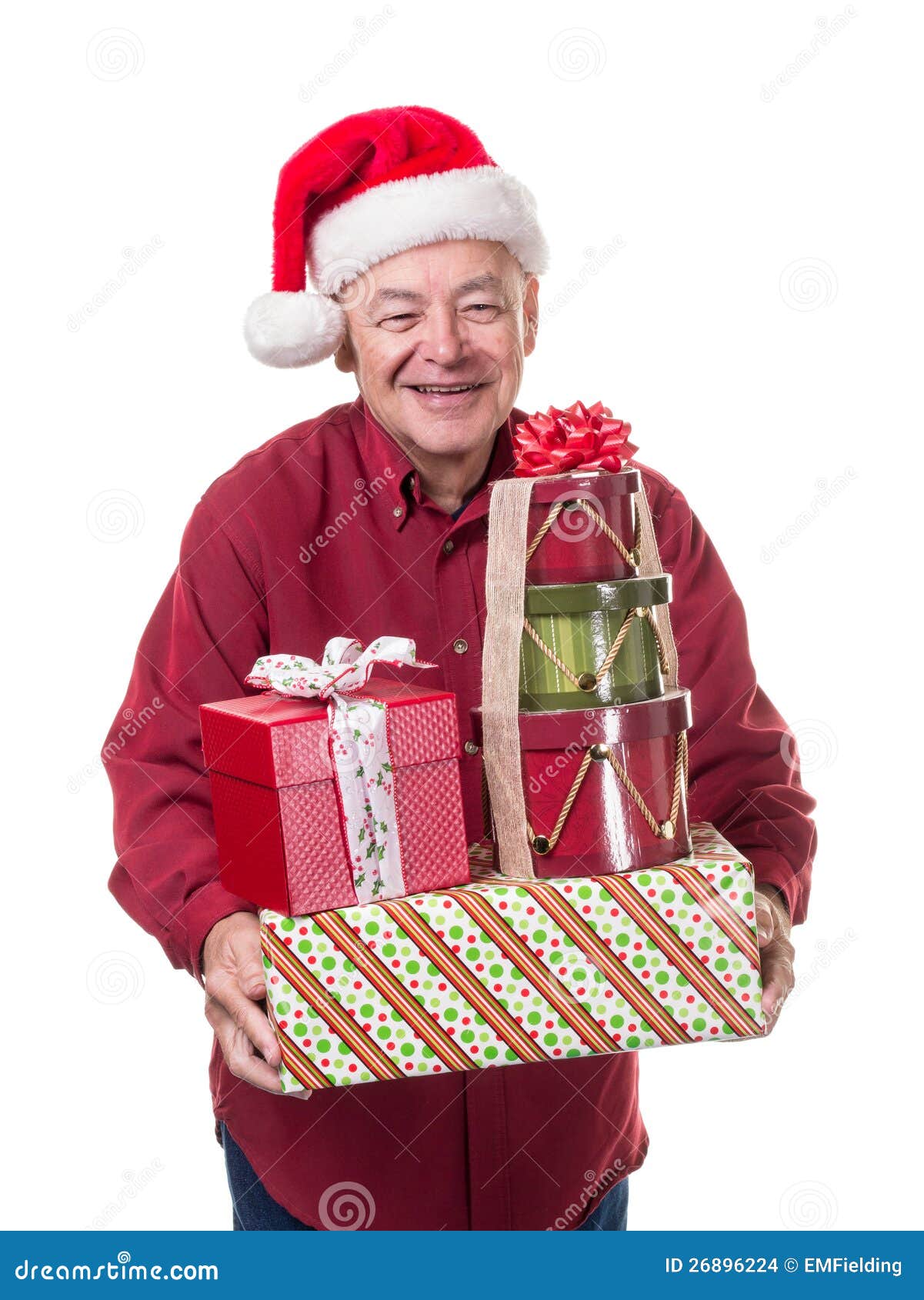 smiling happy senior man bearing christmas gifts stock smiling happy senior man bearing christmas gifts stock