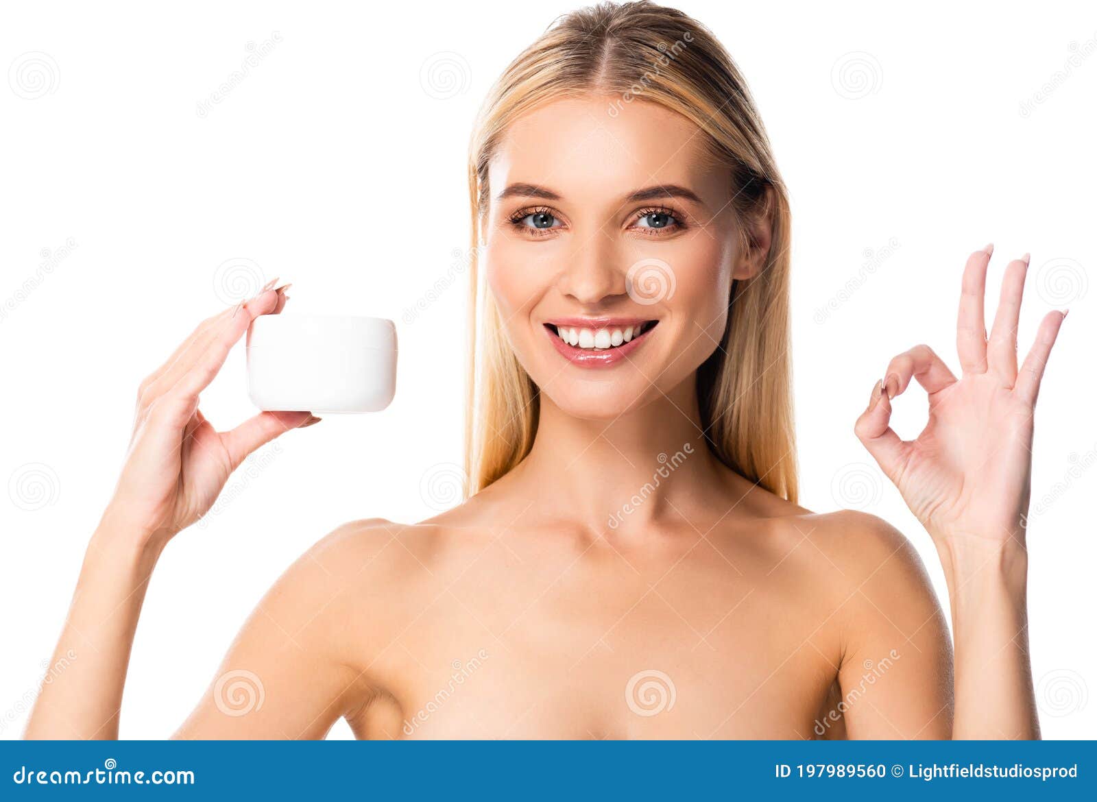 Naked Woman Holding Cosmetic Cream And Showing Ok Sign On White Stock