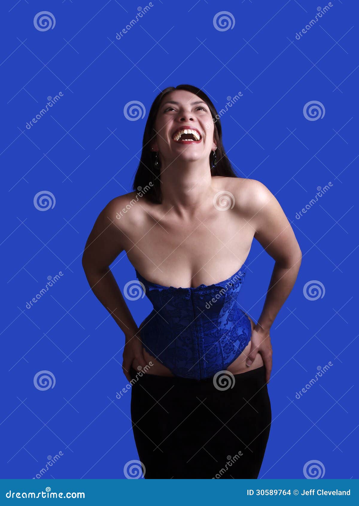 Smiling Woman In Blue Corset Skirt Pulled Down Stock Images Image 30589764