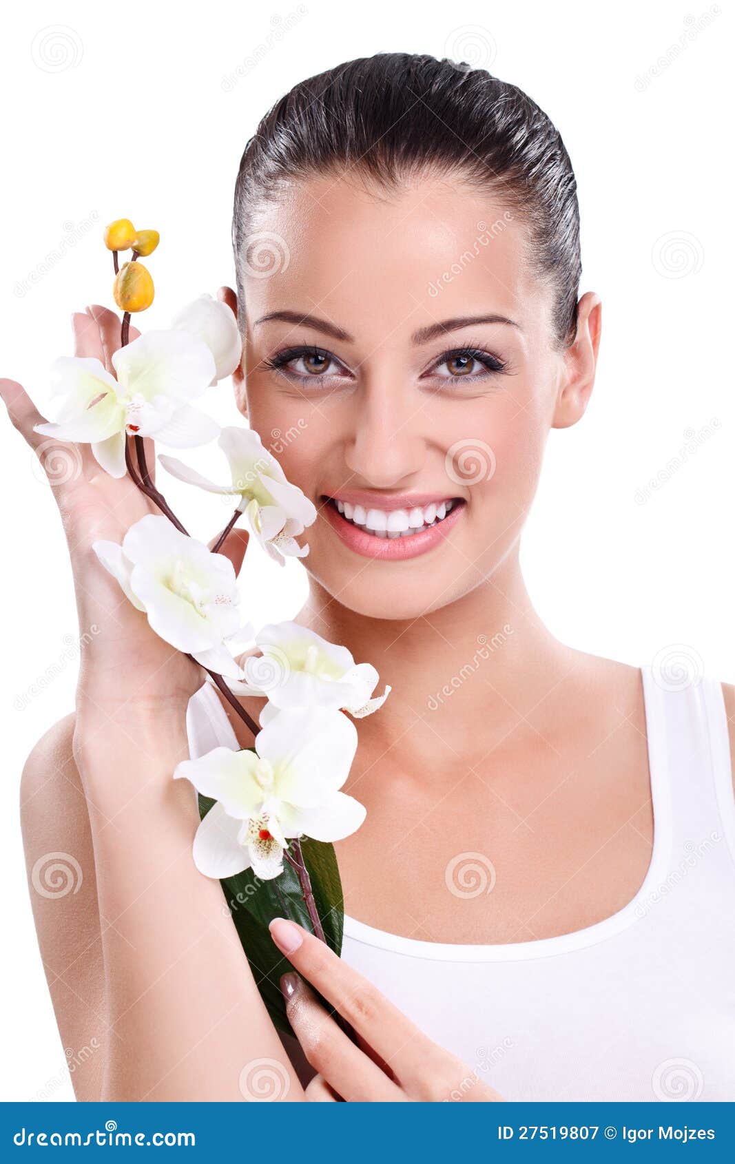 Smiling woman with <b>white orchid</b> - smiling-woman-white-orchid-27519807