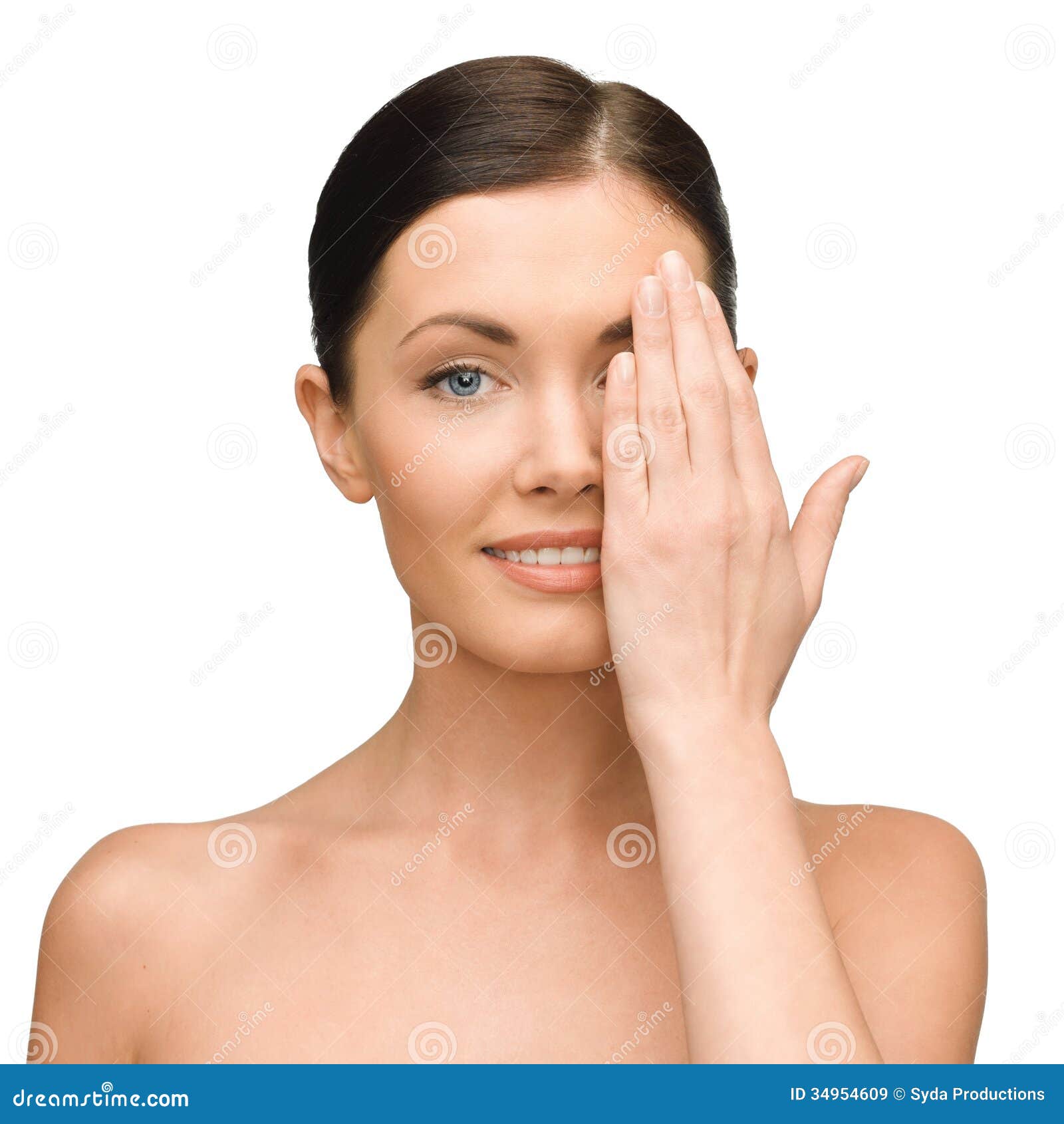 Smiling young woman covering face with hand Royalty Free Stock Images - smiling-young-woman-covering-face-hand-beauty-spa-health-concept-half-34954609