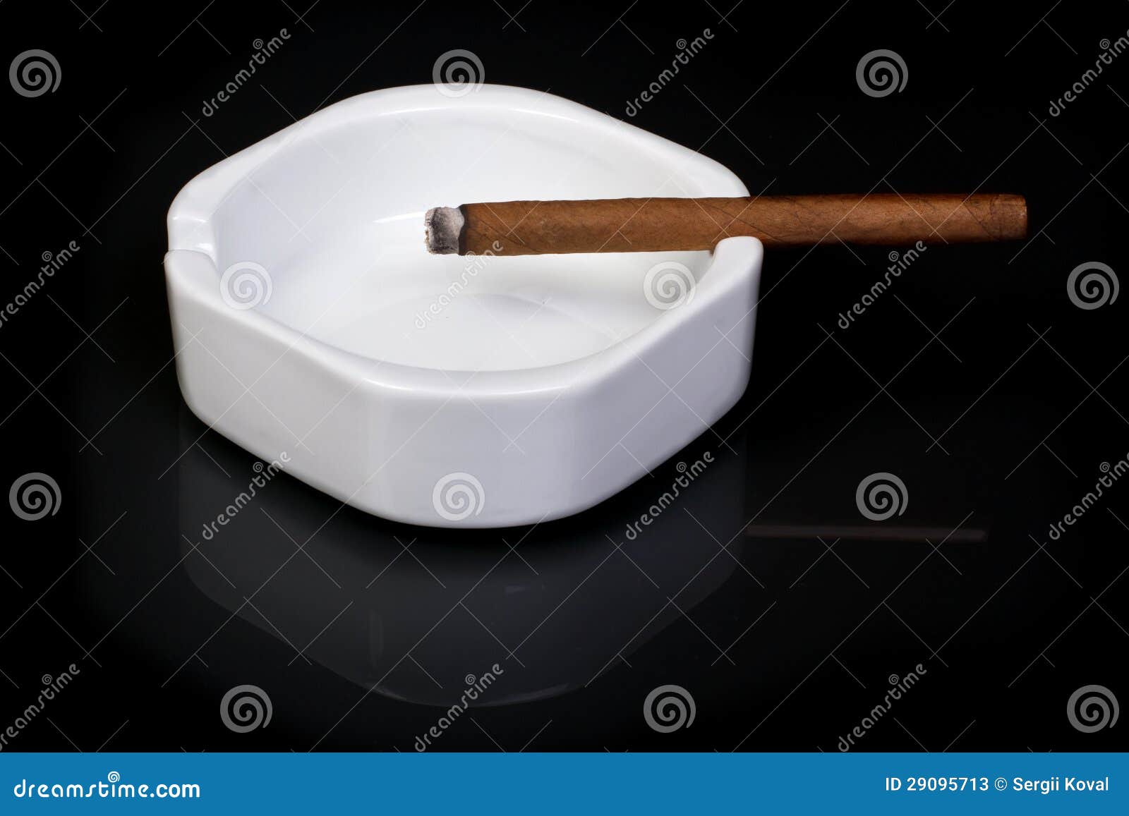 Smoke. White Ashtray With Cigarette Brown On A Black Background. Stock 