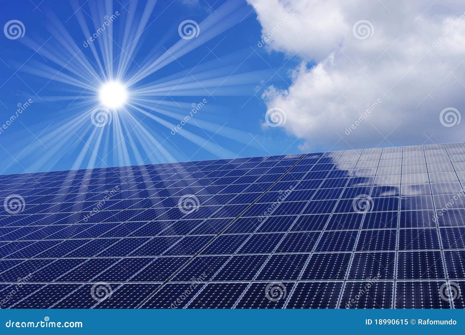 Solar panels, blue sky and sun.