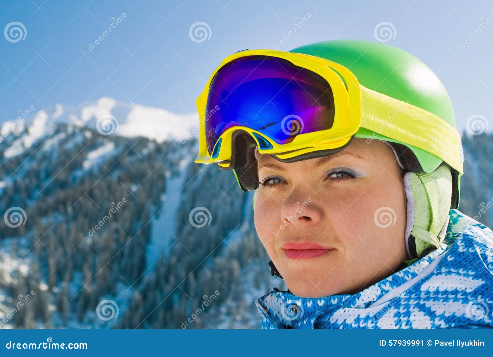 Sport woman in <b>snowy mountains</b> - sport-woman-snowy-mountains-image-portrait-female-snowboarder-wearing-helmet-bright-reflection-57939991